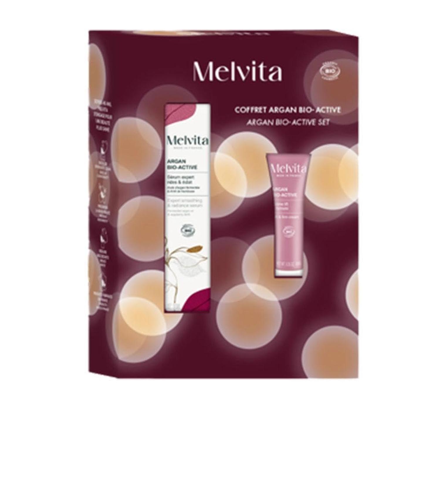 Melvita, Natural anti-aging box set: complete routine with rose floral water, radiance serum and firming lift cream with organic argan oil for revitalized and radiant skin, Ideal for the Holidays