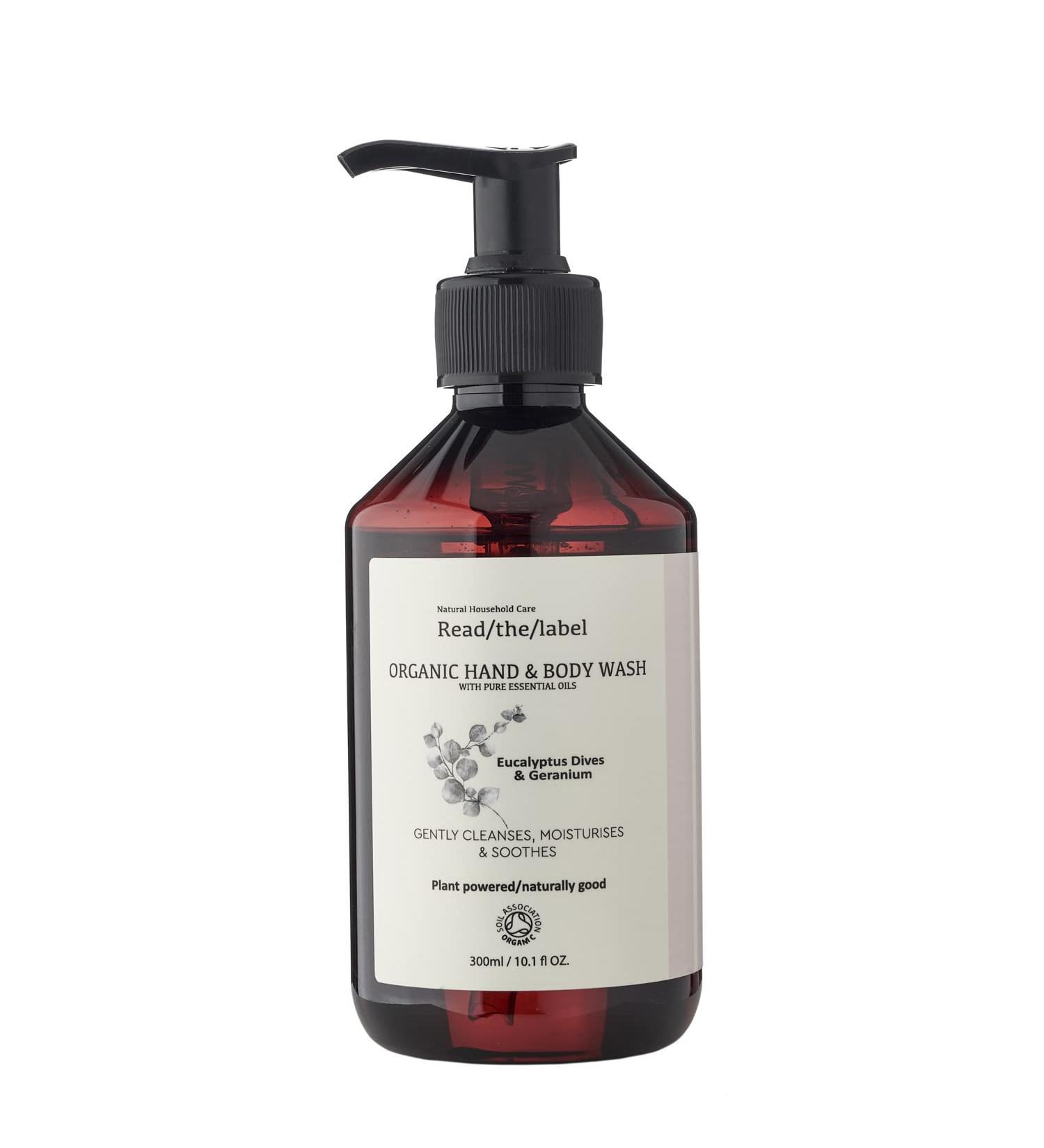 Read The Label - Organic Hand & Body Wash with Pure Essential Oils - Eucalyptus Dives & Geranium with Coconut & Sunflower - Gently Cleanses Moisturises & Soothes 300ML - Buy Online on GoSupps.com