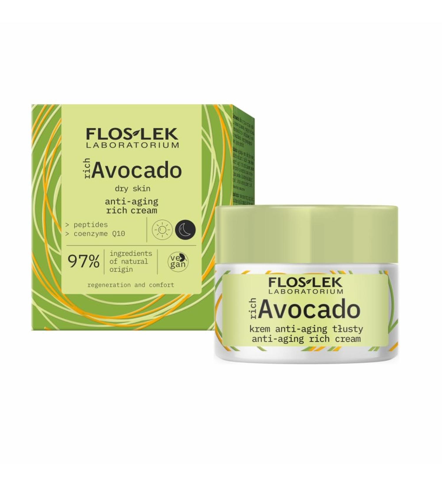  FLOSLEK FLOSLEK richAvocado Smoothing Day and Night Cream SPF 15 | Day and night care for dry mature and sensitive skin | UV protection for skin vitality and elasticity | 50 ml - Buy Online on GoSupps.com