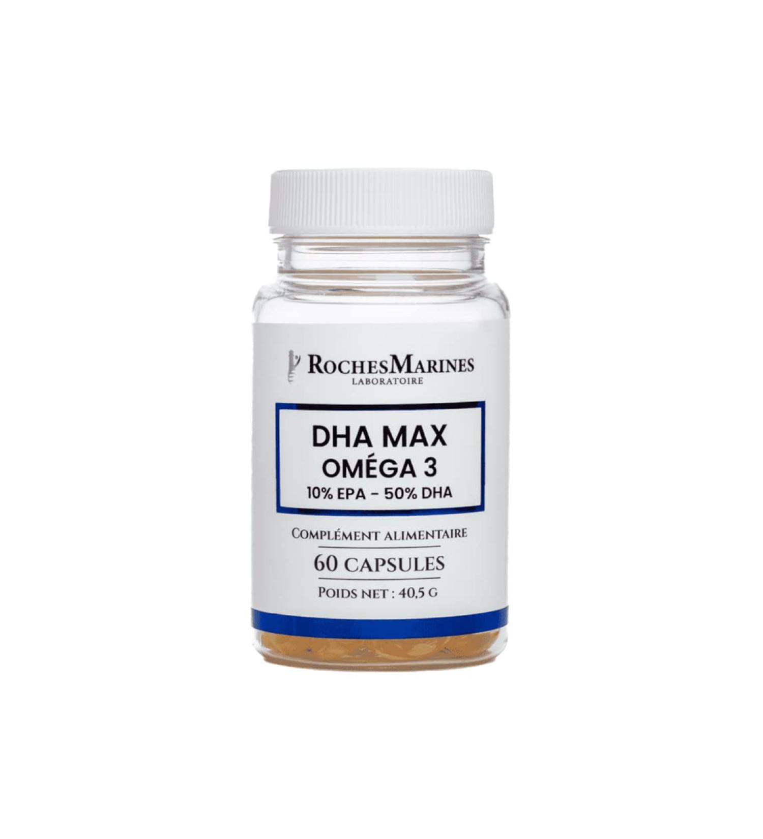 Roches Marines - DHA Max Omega 3 Supplement - 10% EPA - 50% DHA - Rich in Omega 3 DHA - Good Brain Function - Memory - Learning - 60 Capsules - Developed in France - Buy Online on GoSupps.com