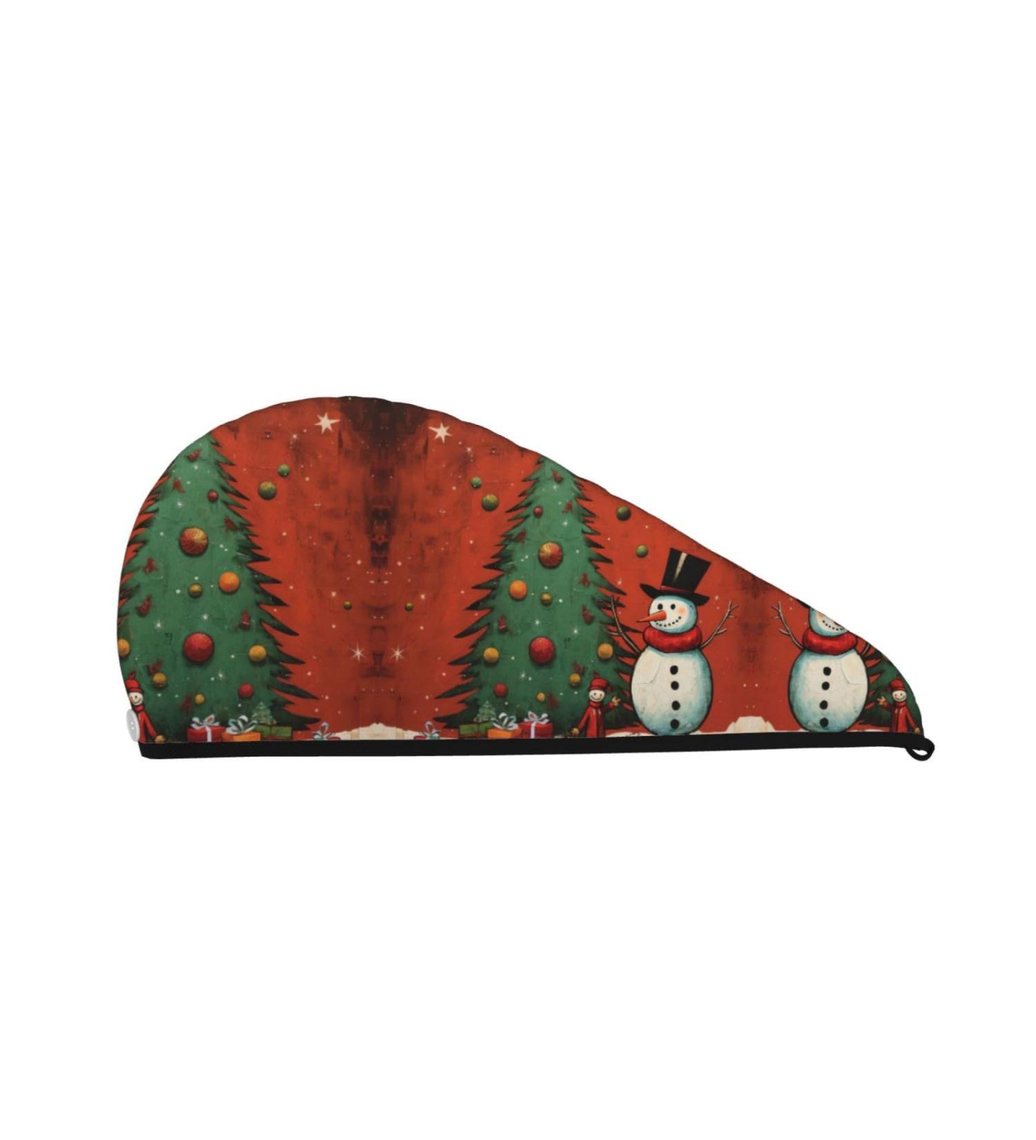 Snowman Christmas Tree Coral Velvet Dry Hair Cap - Anti Frizz Curly Hair Drying Cap with Buttons for Long & Thick Hair - Buy Online on GoSupps.com