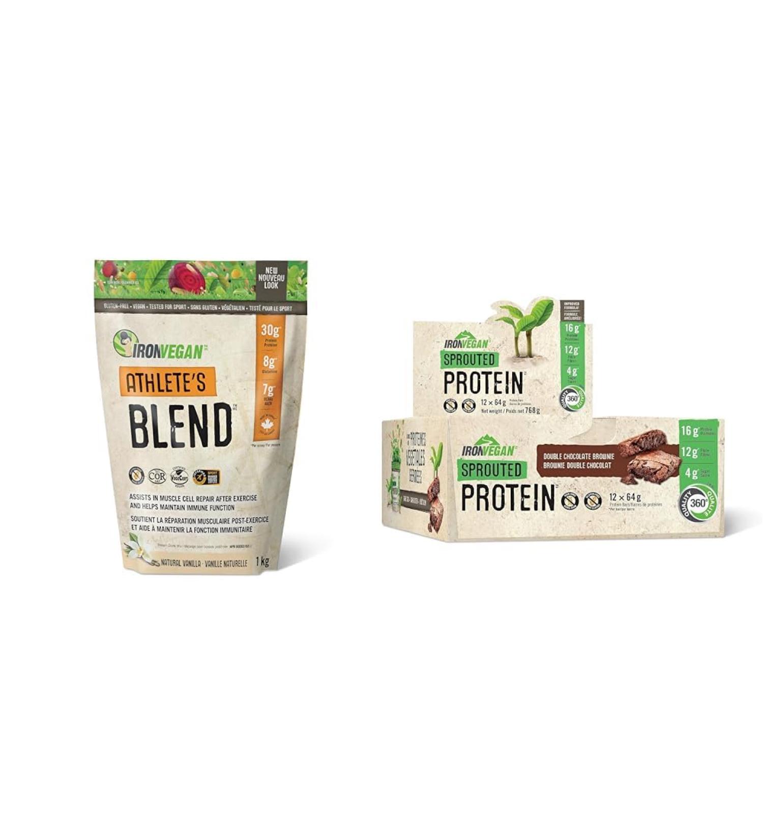 Athlete's Blend Protein Powder Vanilla Flavour 1 kg & Iron Vegan Sprouted Protein Bars | Double Chocolate Brownie Flavour | 12 Pack - Buy Online on GoSupps.com