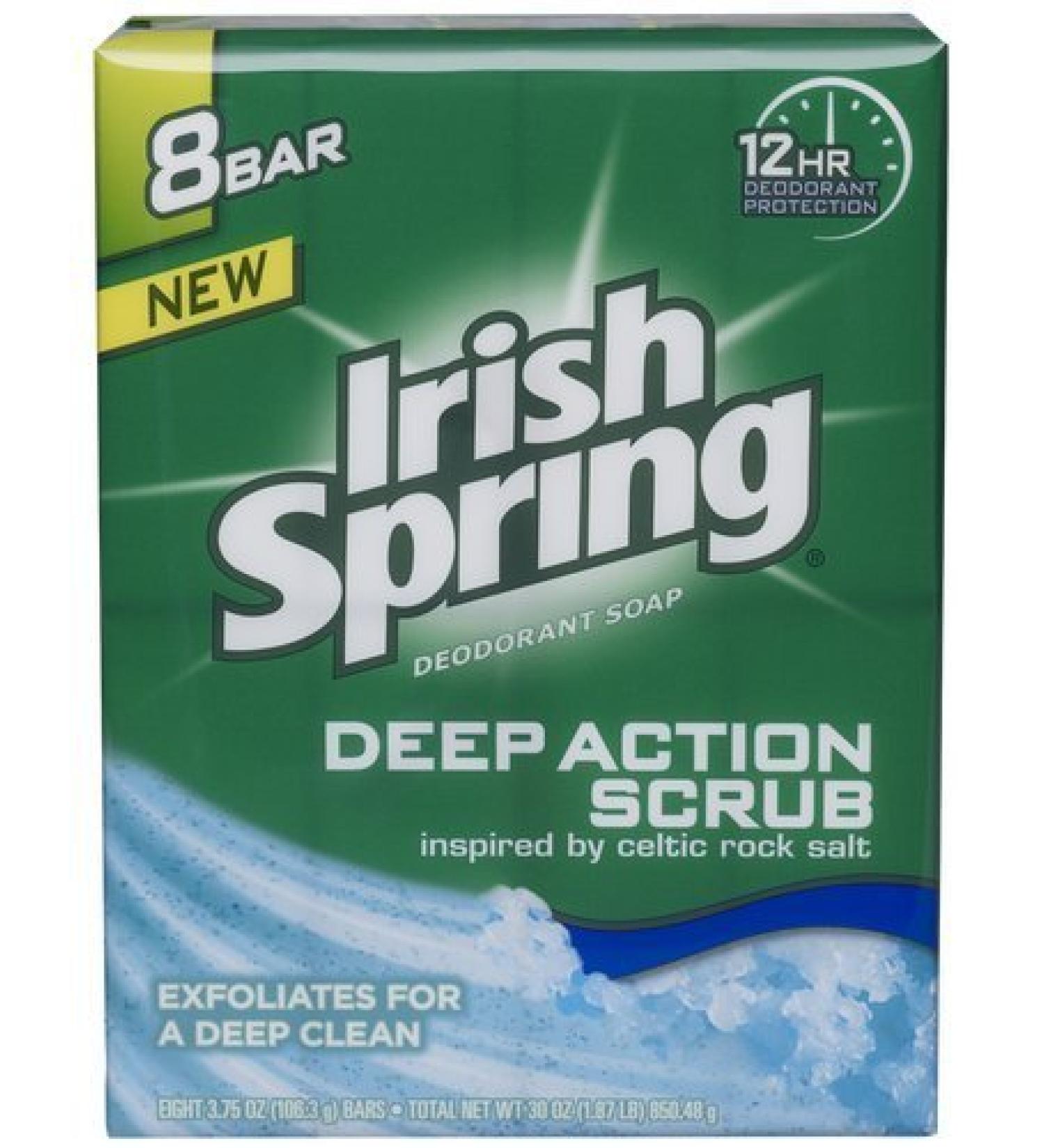 Irish Spring Deep Action Scrub Deodorant Soap  8 bars of 3.75 ounces each
