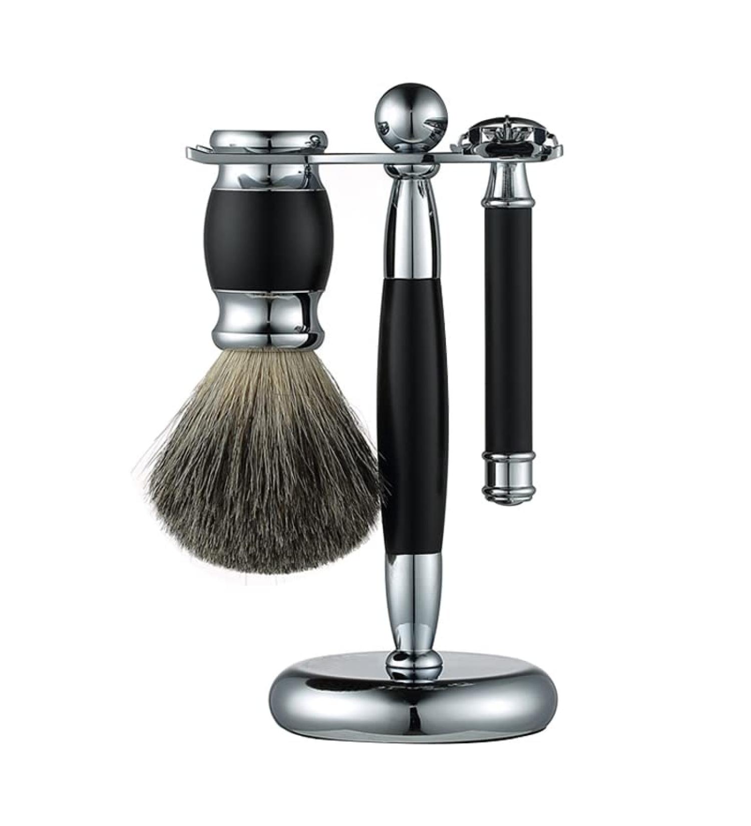 Kjyr Portable Men's Shaving Brush Set - Retro Gene Leman Manual Safety Razor - Fashionable & Professional Shaving Tool - 7.3x16.5cm Silver - Buy Online on GoSupps.com