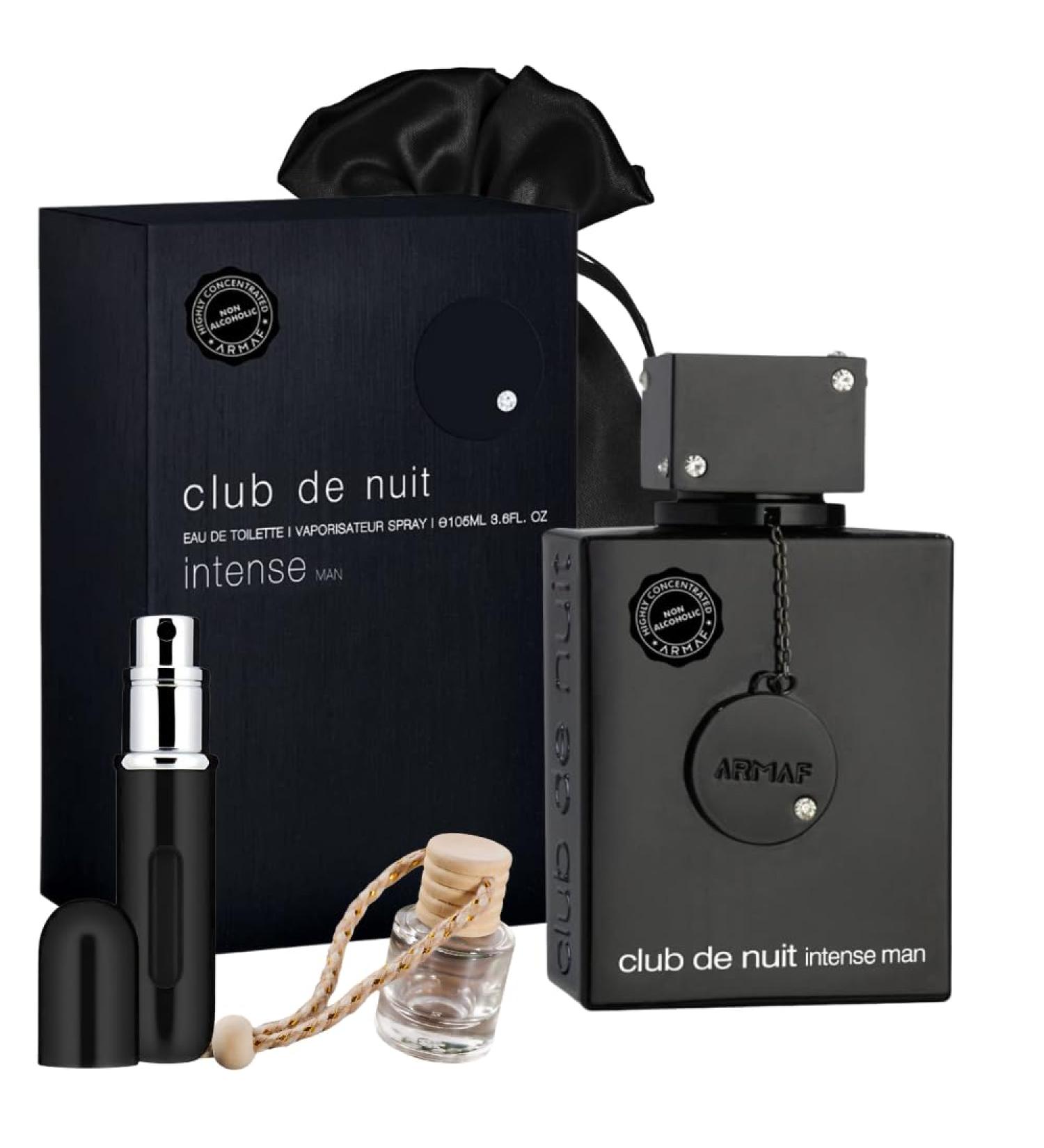 Bundle of ARMAF Club De Nuit Intense Man 3.6oz Eau de Toilette with 5ml Portable Refillable Atomizer and Refillable Car Freshener in a Satin Gift Bag - Buy Online on GoSupps.com