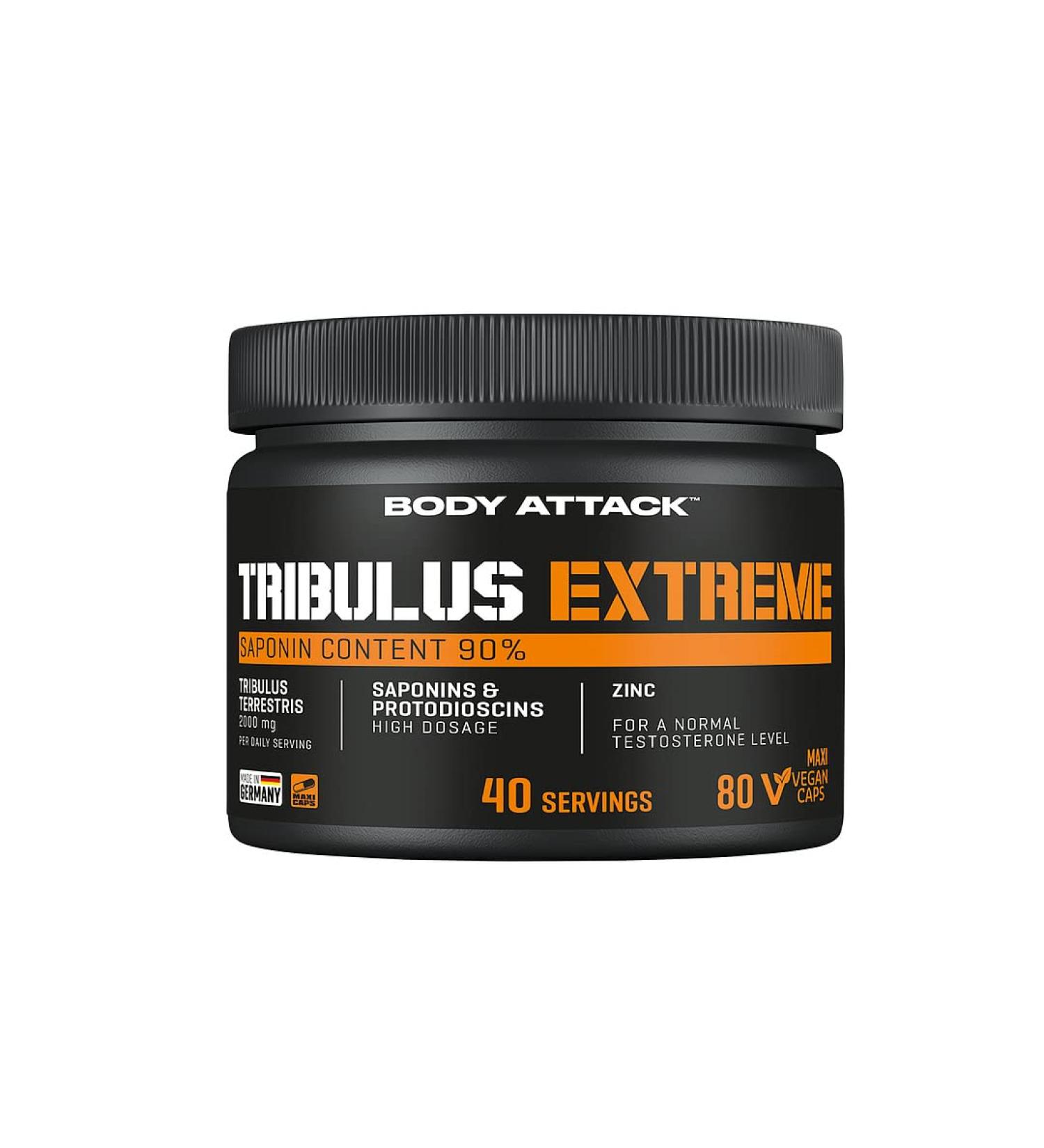 Body Attack tribulus extract - 80 capsules - Made in Germany - High -dose tribulus terrestris capsules 2000mg tribulus & 90% saponins developed for all athletes and athletes