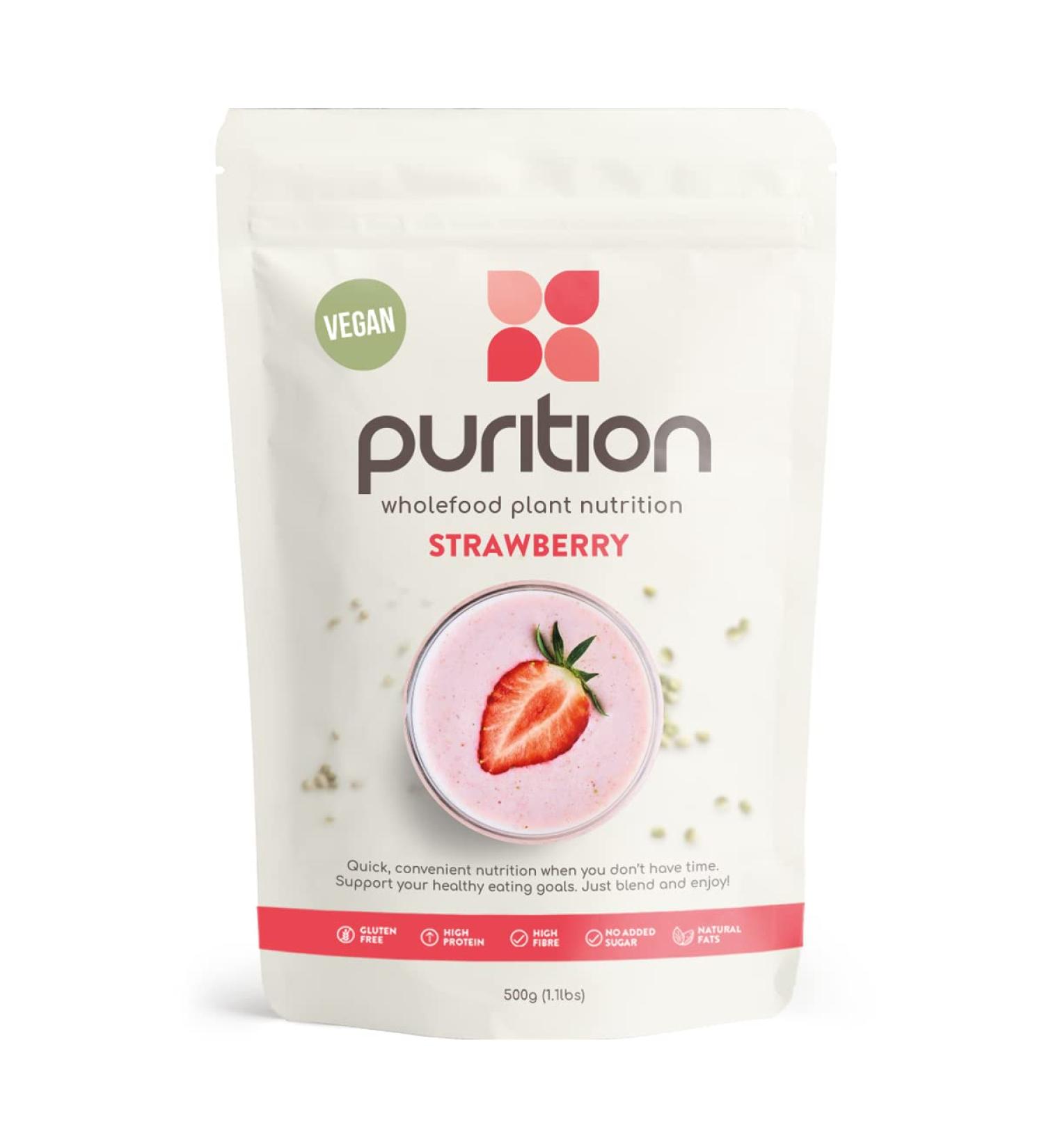 Purition Vegan Strawberry Meal Replacement Shake 500g - High Protein, Dairy Free, Low Sugar, Keto Friendly for Weight Management - Gluten Free - 12 Servings - Buy Online on GoSupps.com