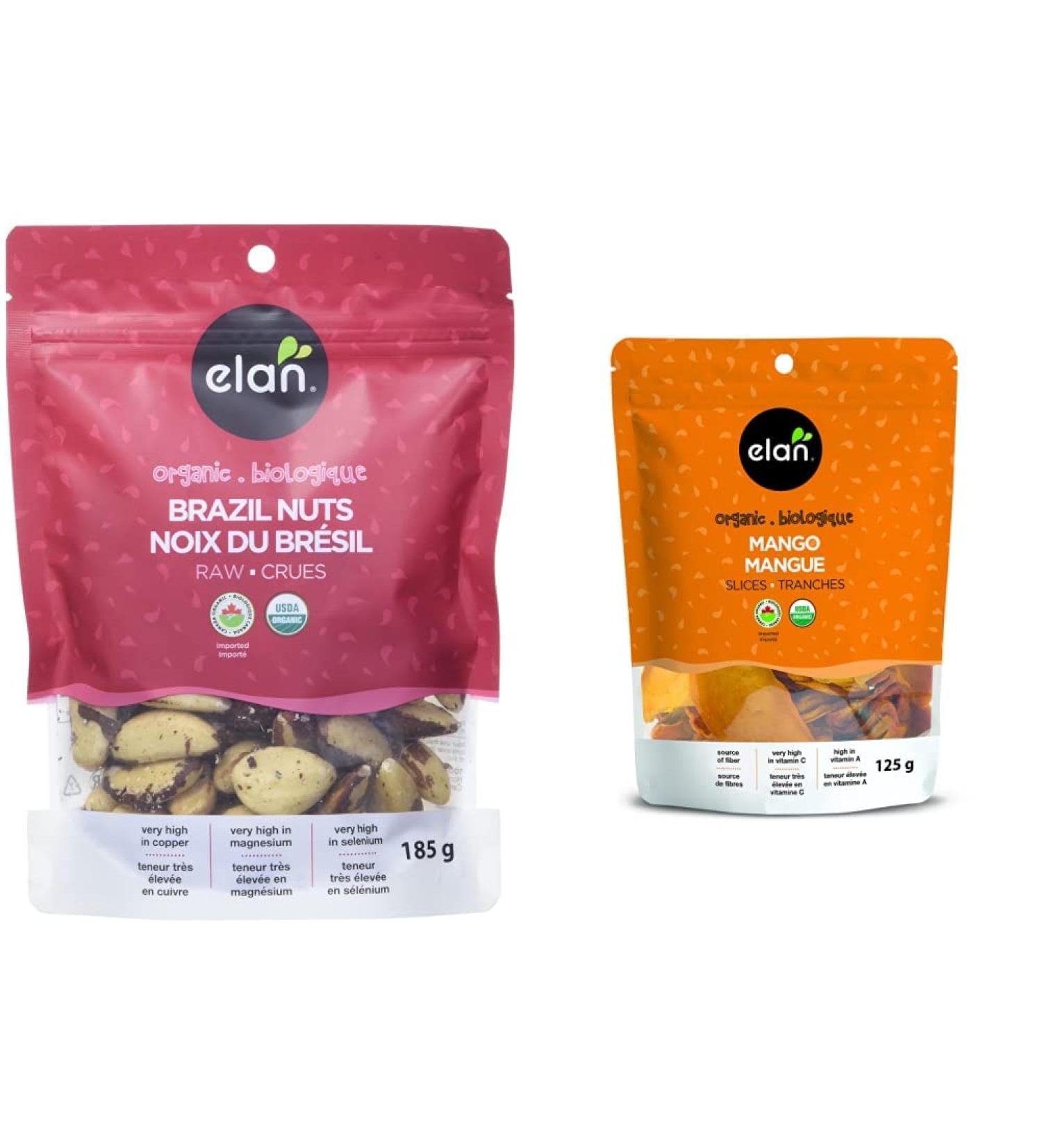 ELAN Organic Raw Brazil Nuts Non-GMO Vegan Gluten-Free Kosher 185g & ELAN Organic Mango Slices No Sugar Added Non-GMO Vegan Gluten-Free Kosher 125 g - Buy Online on GoSupps.com