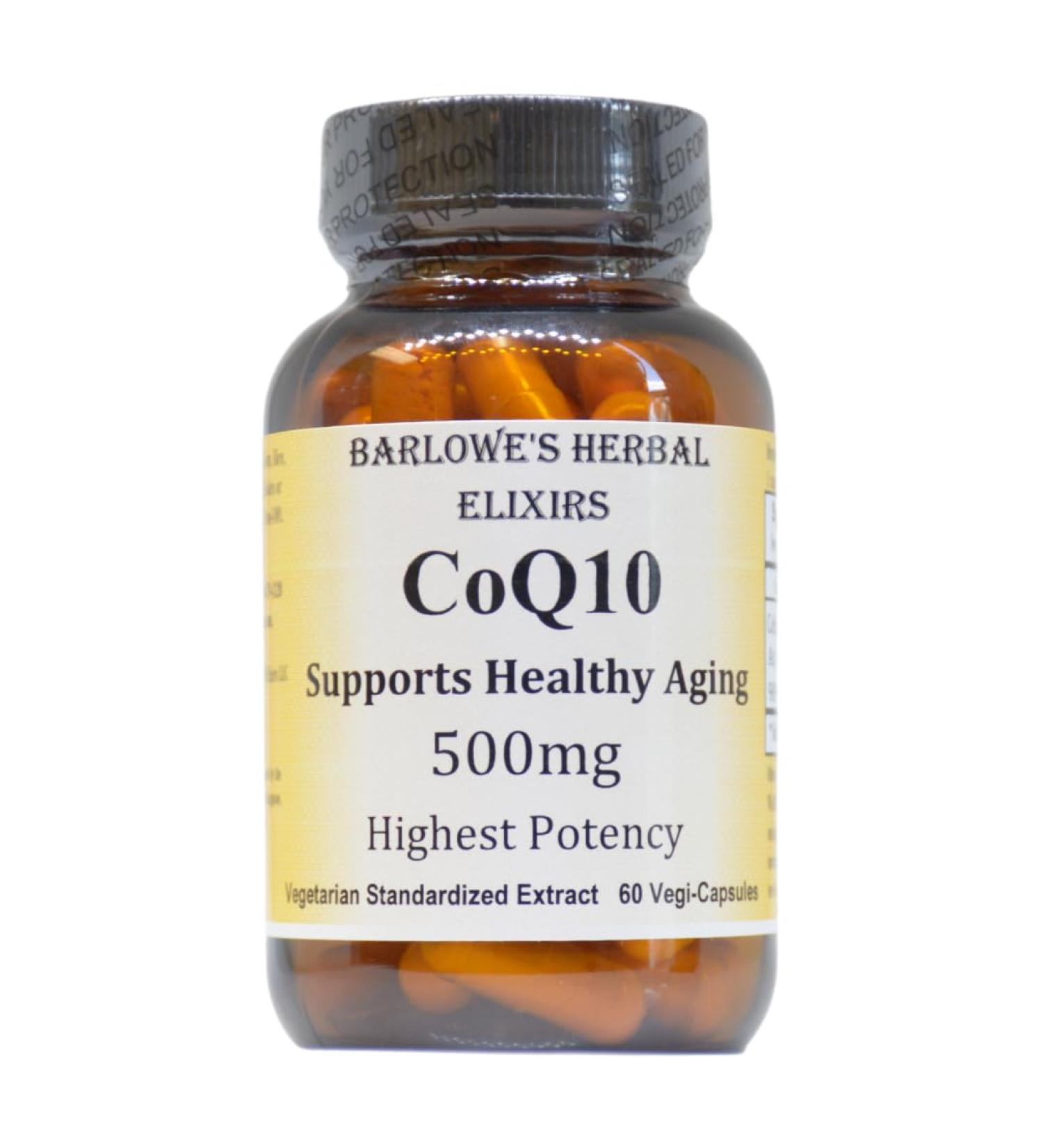 Barlowe's Herbal Elixirs CoQ10 | Ubiquinone | Hi-Potency | 500 mg Per Capsule | Stearate-Free | Encased in Recyclable Glass Bottle | Heart Health Support | 60 Veggie Capsules - Buy Online on GoSupps.com