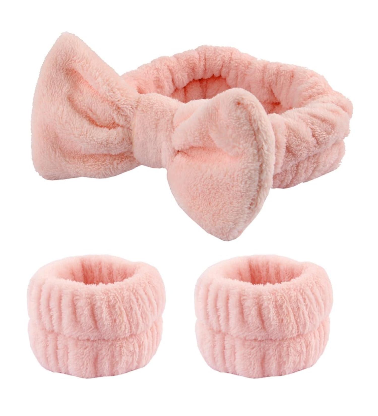 Limtula 1set Elastic Women Shower Hairband & Wristband Cute Bowknot Plush Face Wash Hairband Home Makeup Headband Wristband Pink 3piece set - Buy Online on GoSupps.com