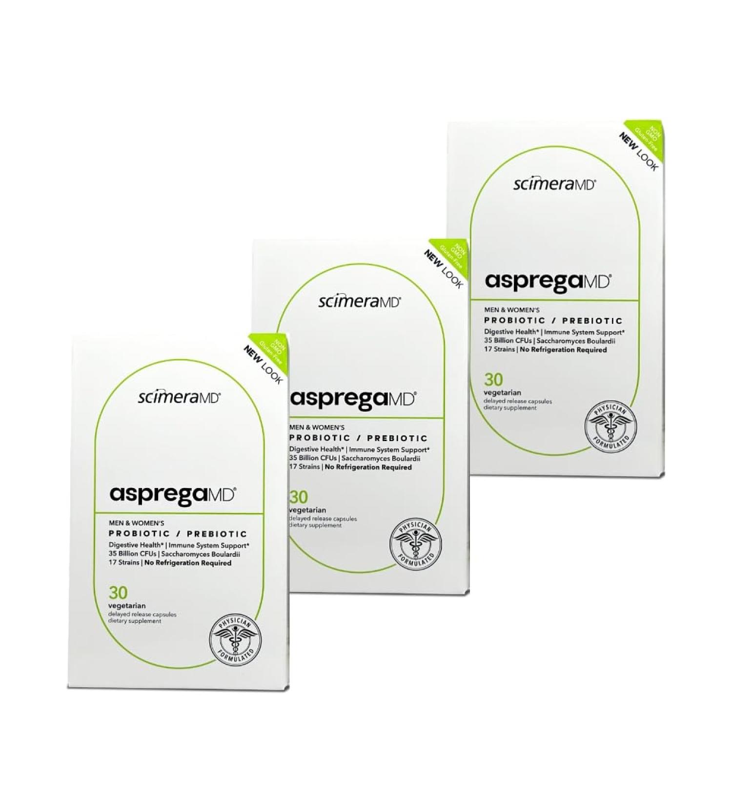 Asprega 30CT - Probiotic + Prebiotic Supplement | 17 Strains, 35 Billion CFUs | Delayed Release | Saccharomyces Boulardii | for Men & Women | by ScimeraMD, 3-Pack 30 Count (Pack of 3) - Buy Online on GoSupps.com