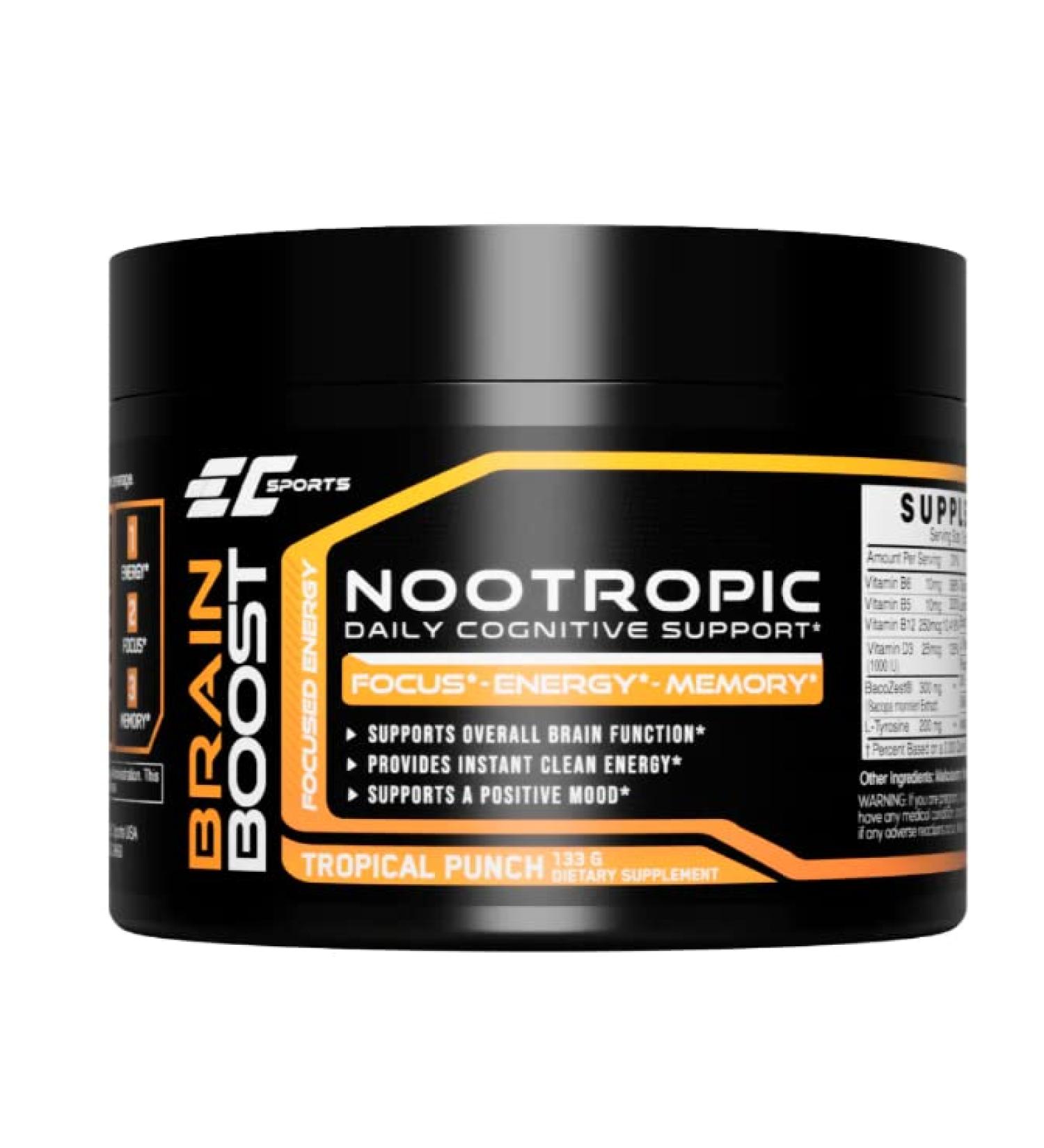 Brain Boost Tropical Punch Supplement - Enhance Focus Energy & Performance with 18 Nootropics - 30 Servings Sweetened with Stevia - Buy Online on GoSupps.com