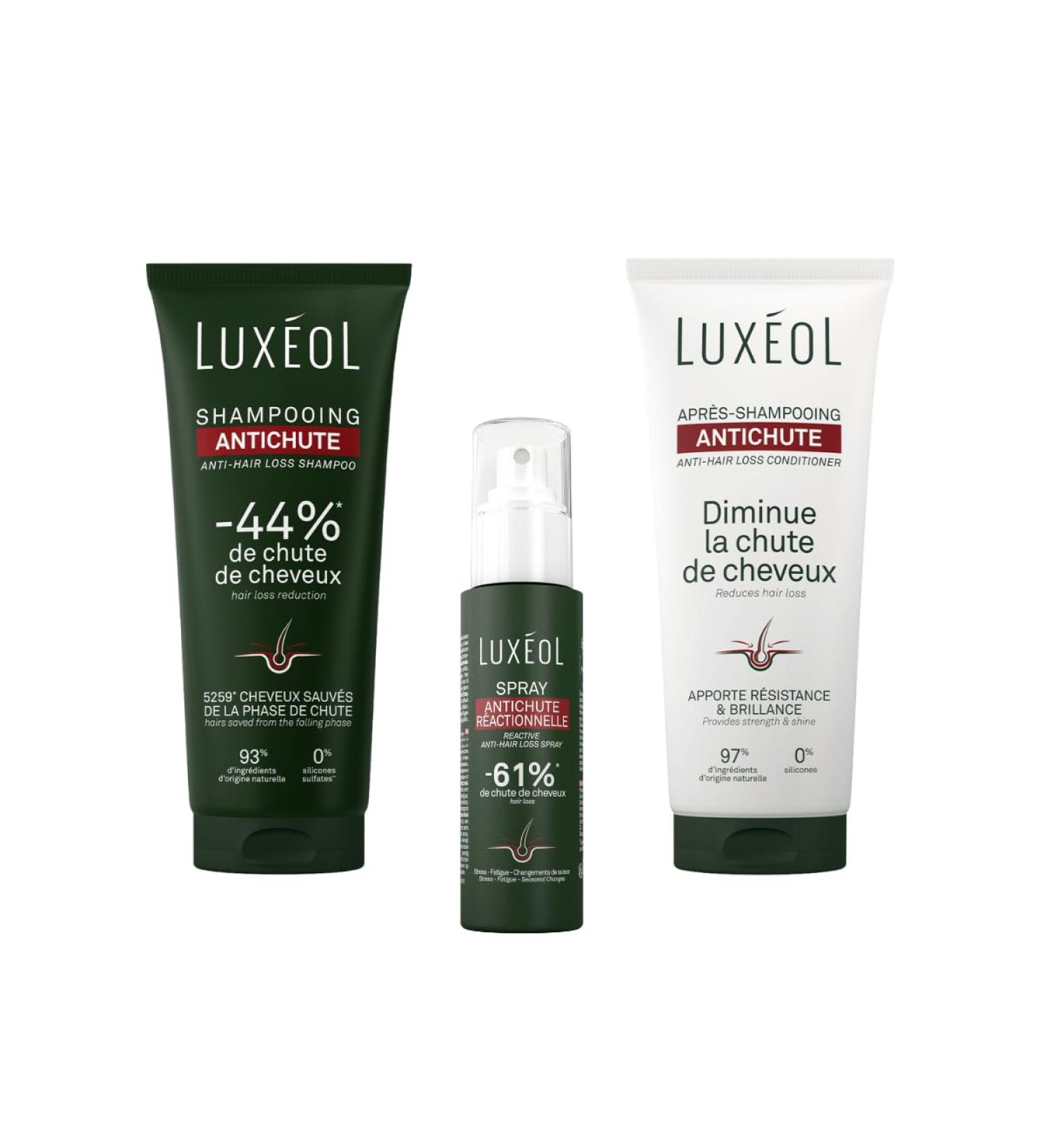 LUXEOL - Routine Antichute R actionnelle - Diminue La Chute De Cheveux Passag re - Shampooing (200 ml) + Apr s-Shampooing (200 ml) + Spray (100 ml) - Cheveux Fragilis s - Fabriqu En France - Buy Online on GoSupps.com