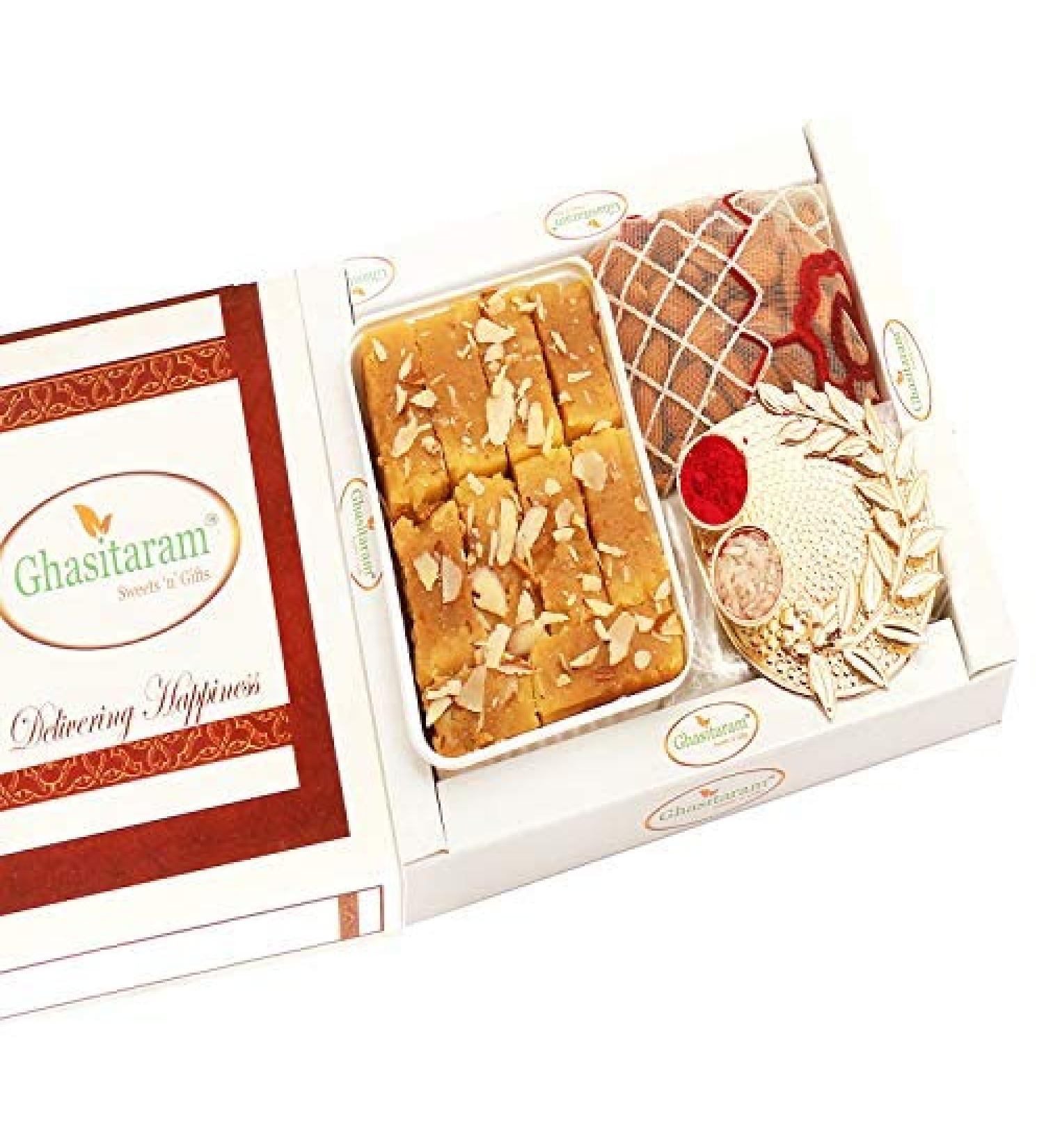 Ghasitaram Gifts Bhaidooj Gifts Bhaidooj Sweet - Mysore Pak Pooja Thali and Almonds Pouch - Buy Online on GoSupps.com