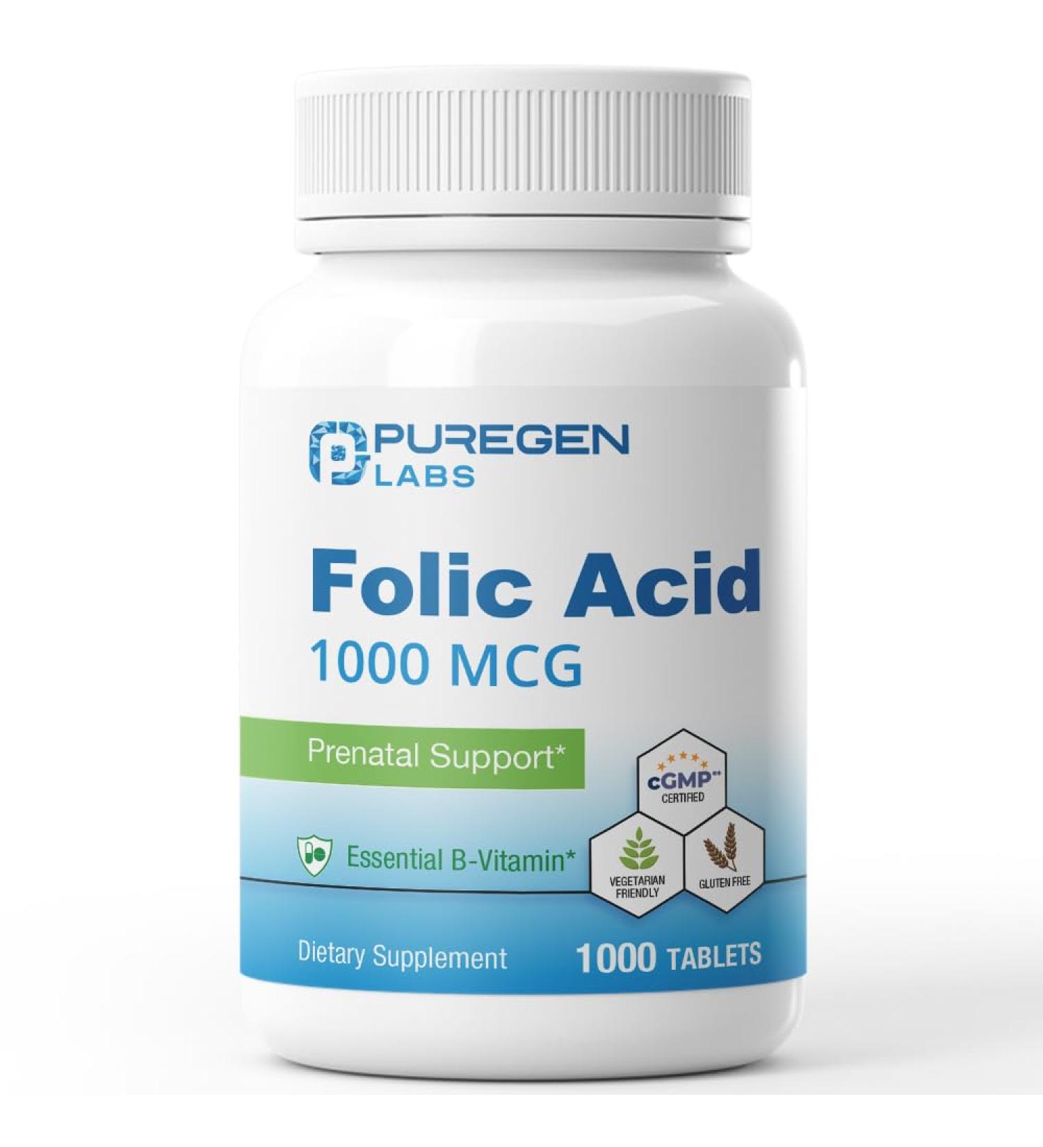 Puregen Labs Folic Acid 1000 mcg Tablets | Vitamin B9 | Non-GMO | Gluten Free | Value Size 1000 Tablets - Buy Online on GoSupps.com