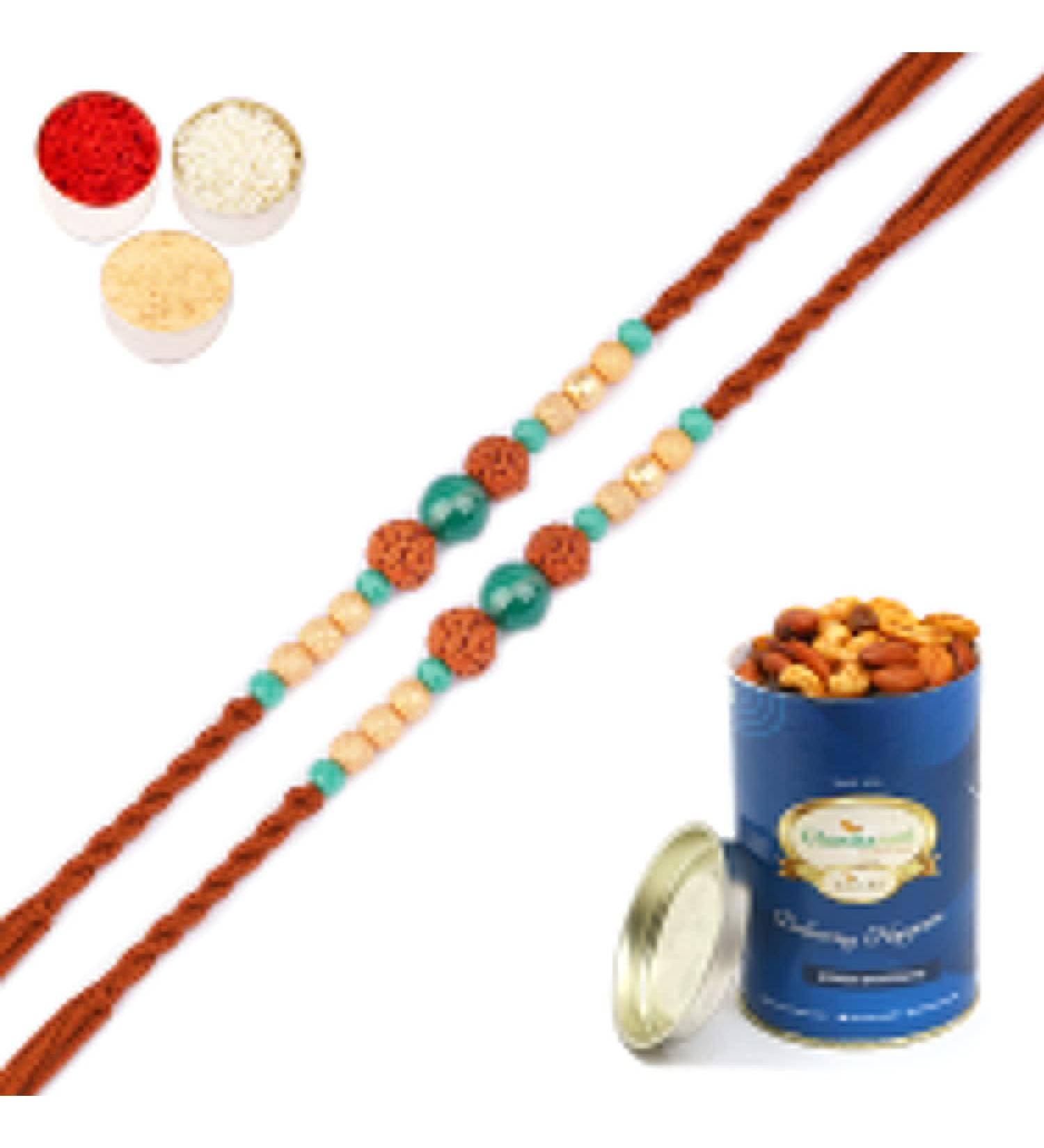 Ghasitaram Gifts Rakhi for Brother Rakhis Online Set of 2-1891- Rudraksh Rakhi with 100 GMS of Dryfruits Mix Can 2 Rakhi with 100 gms of Dryfruits Mix Can - Buy Online on GoSupps.com