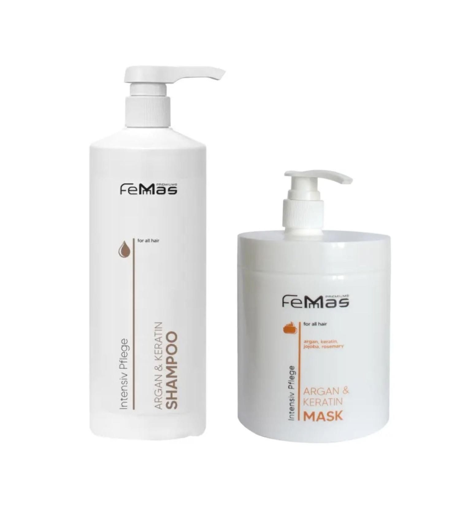  Femmas FemMas Argan and Keratin Shampoo 1L + FemMas Argan and Keratin Mask 1L with Pump - Buy Online on GoSupps.com