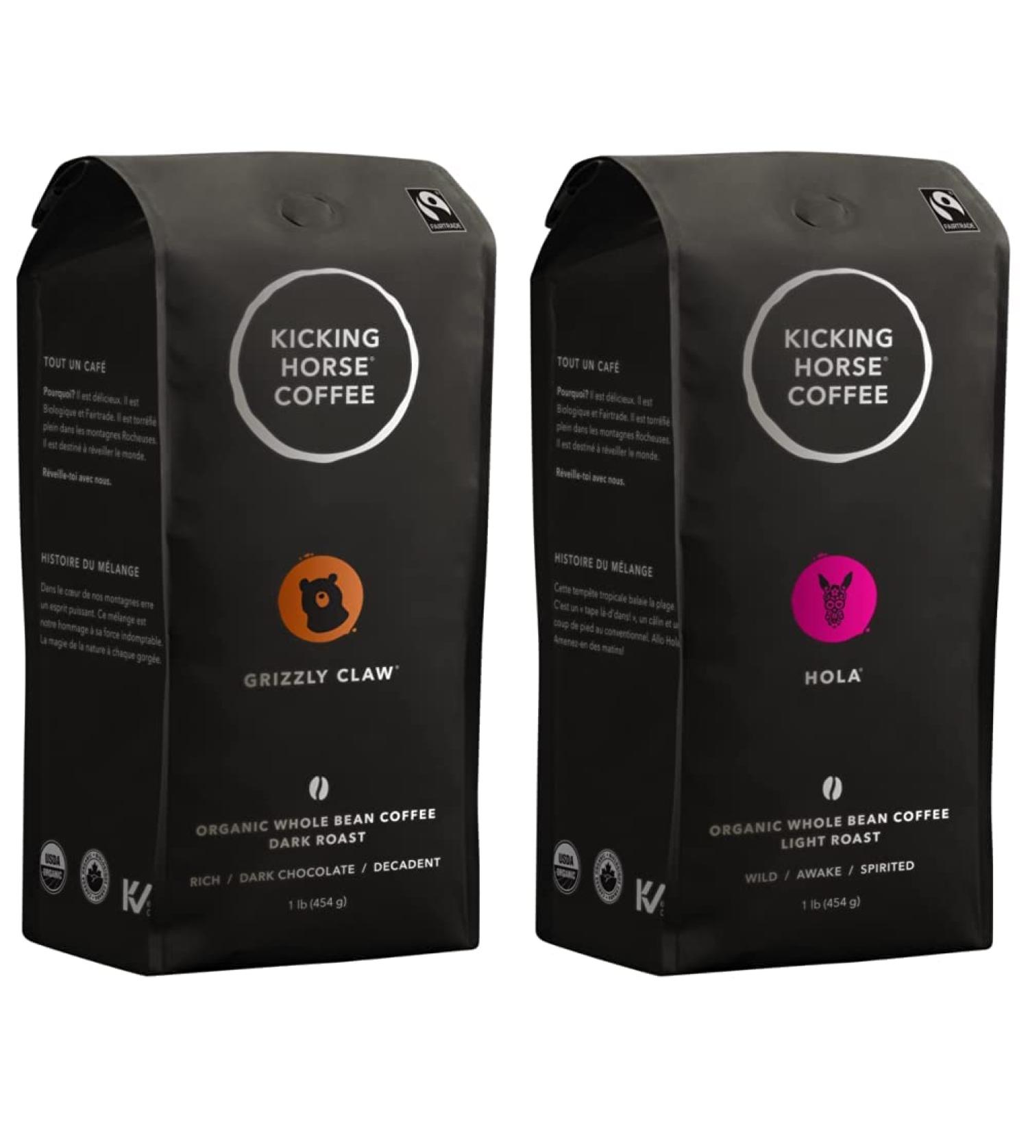 Kicking Horse Coffee Grizzly Claw Dark Roast Whole Bean 1 lb - Certified Organic Fairtrade Kosher Coffee & Hola Light Roast Whole Bean 1 lb - Certified Organic Fairtrade Kosher Coffee - Buy Online on GoSupps.com