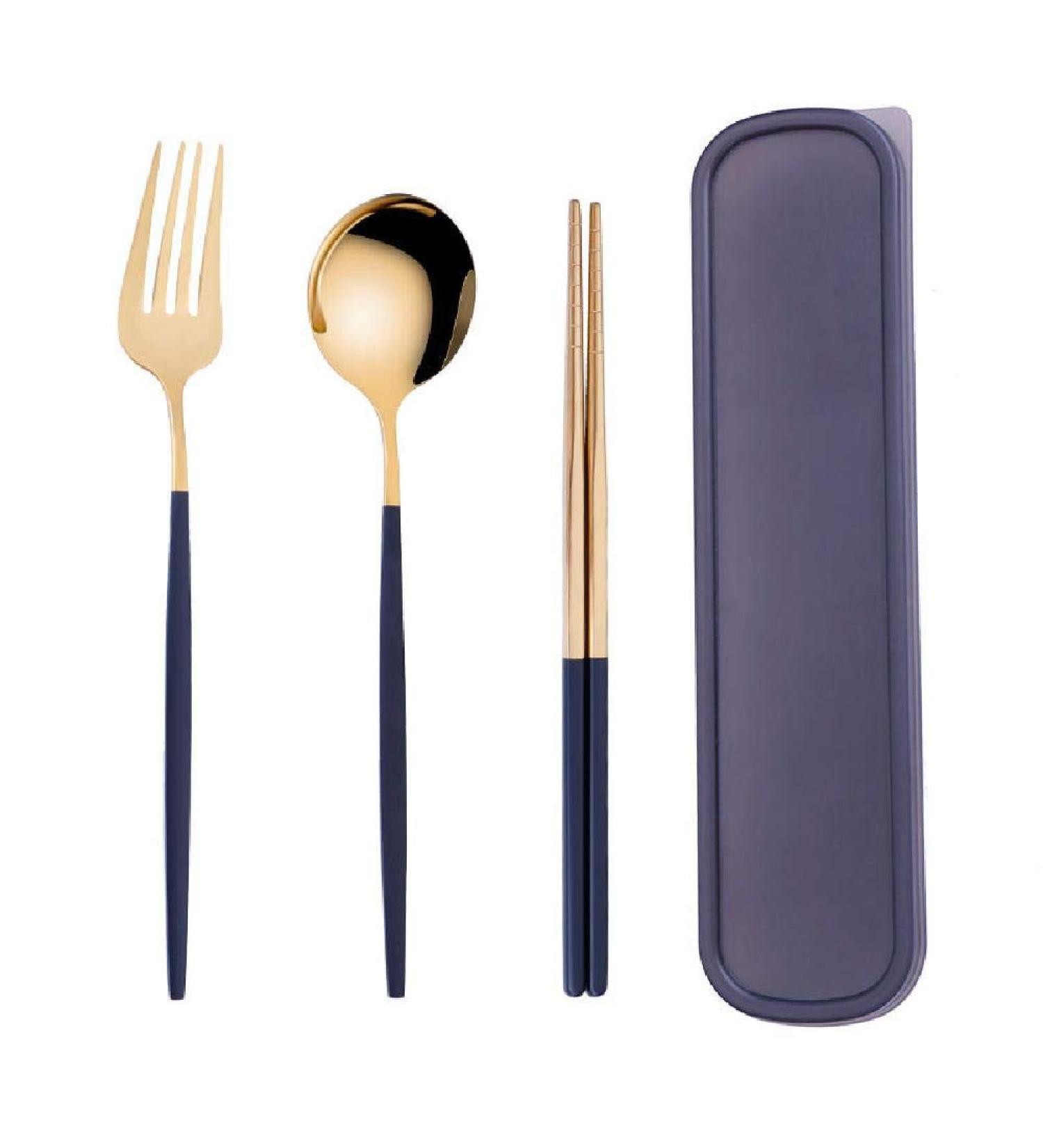 Stainless Steel Cutlery Fork Spoon Chopsticks Three Piece Student Travel Storage Box Portable Cutlery Set Blue - Buy Online on GoSupps.com