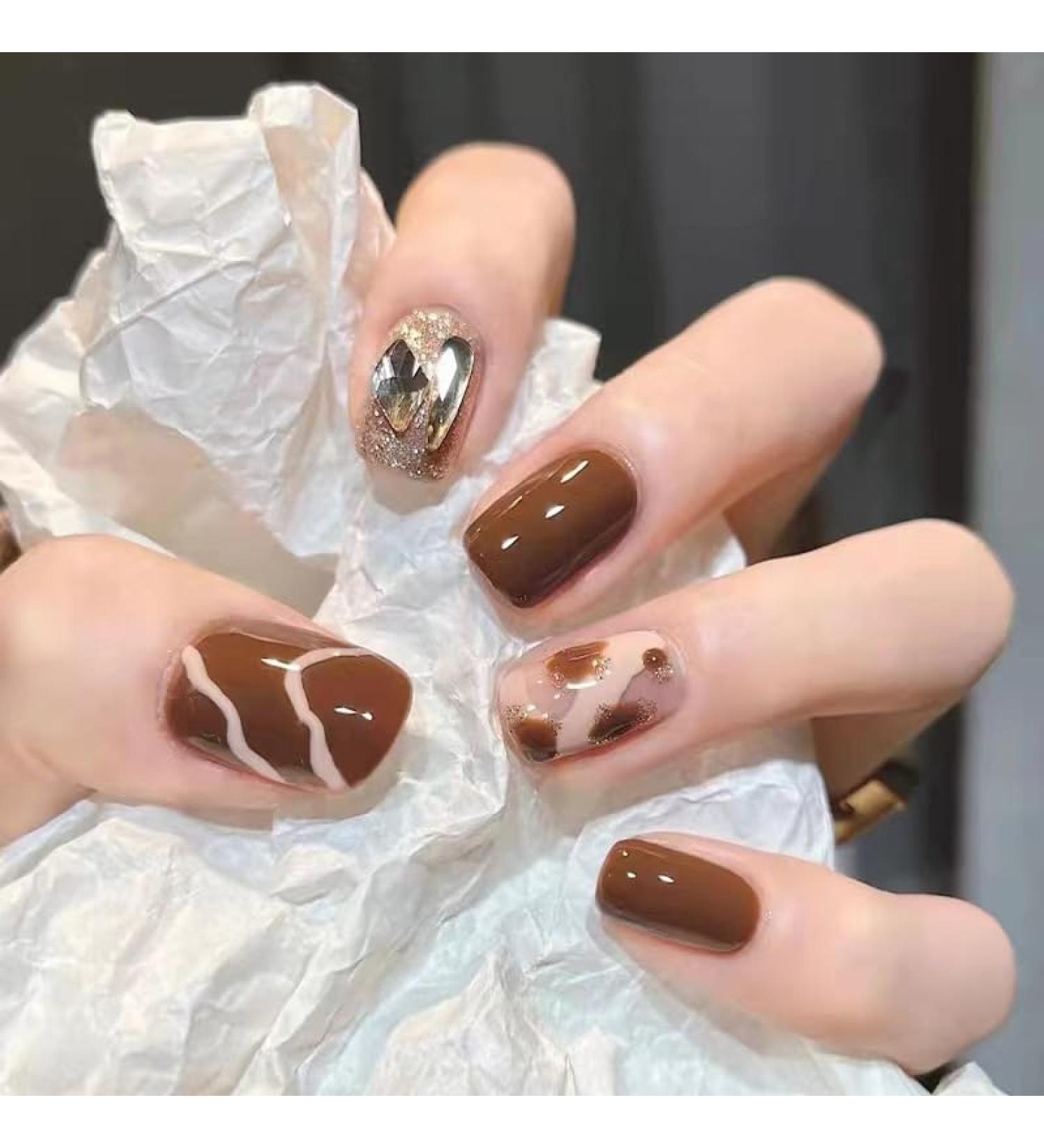 24Pcs/Set Press On Nails Brown Short Sparkling Diamond Leopard Print False Nails Acrylic Fake Nails Full Cover Nails Tips Artificial Finger Manicure Press on nails for Women and Girls - Buy Online on GoSupps.com