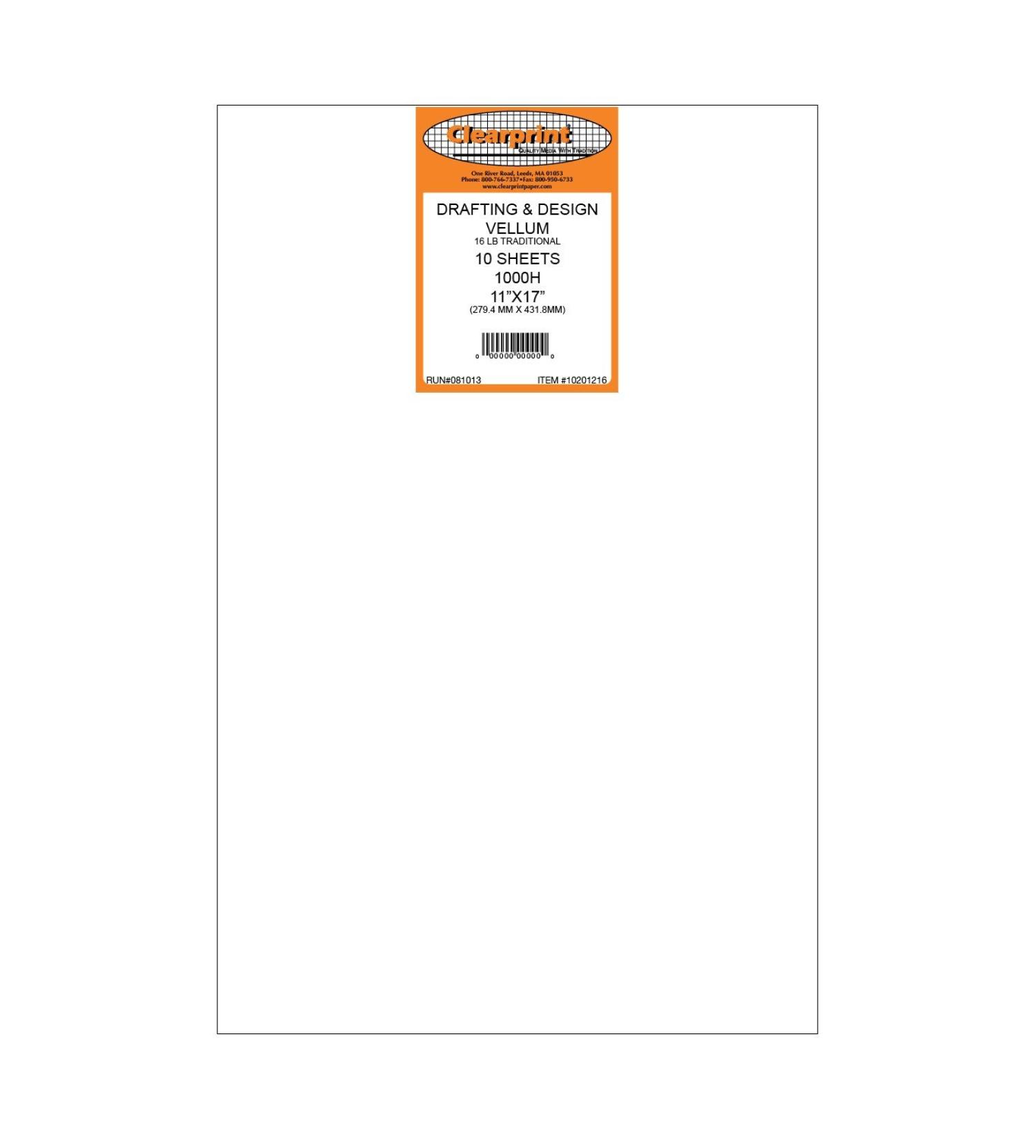 Clearprint 1000H Design Vellum Sheets 16 Lb. 100% Cotton 11 x 17 Inches 10 Sheets Per Pack 1 Each (10201216) - Buy Online on GoSupps.com