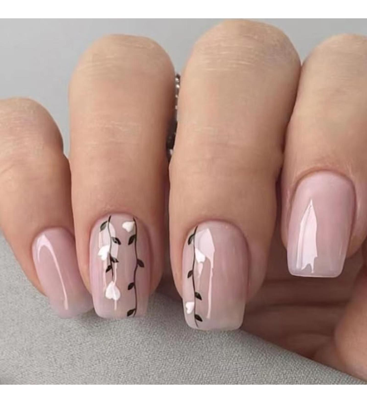 Buy Press On Nails - Medium Square Nude with Leaf Designs | 24 PCS Acrylic Fake Nails & Glue for Women & Girls - Buy Online on GoSupps.com