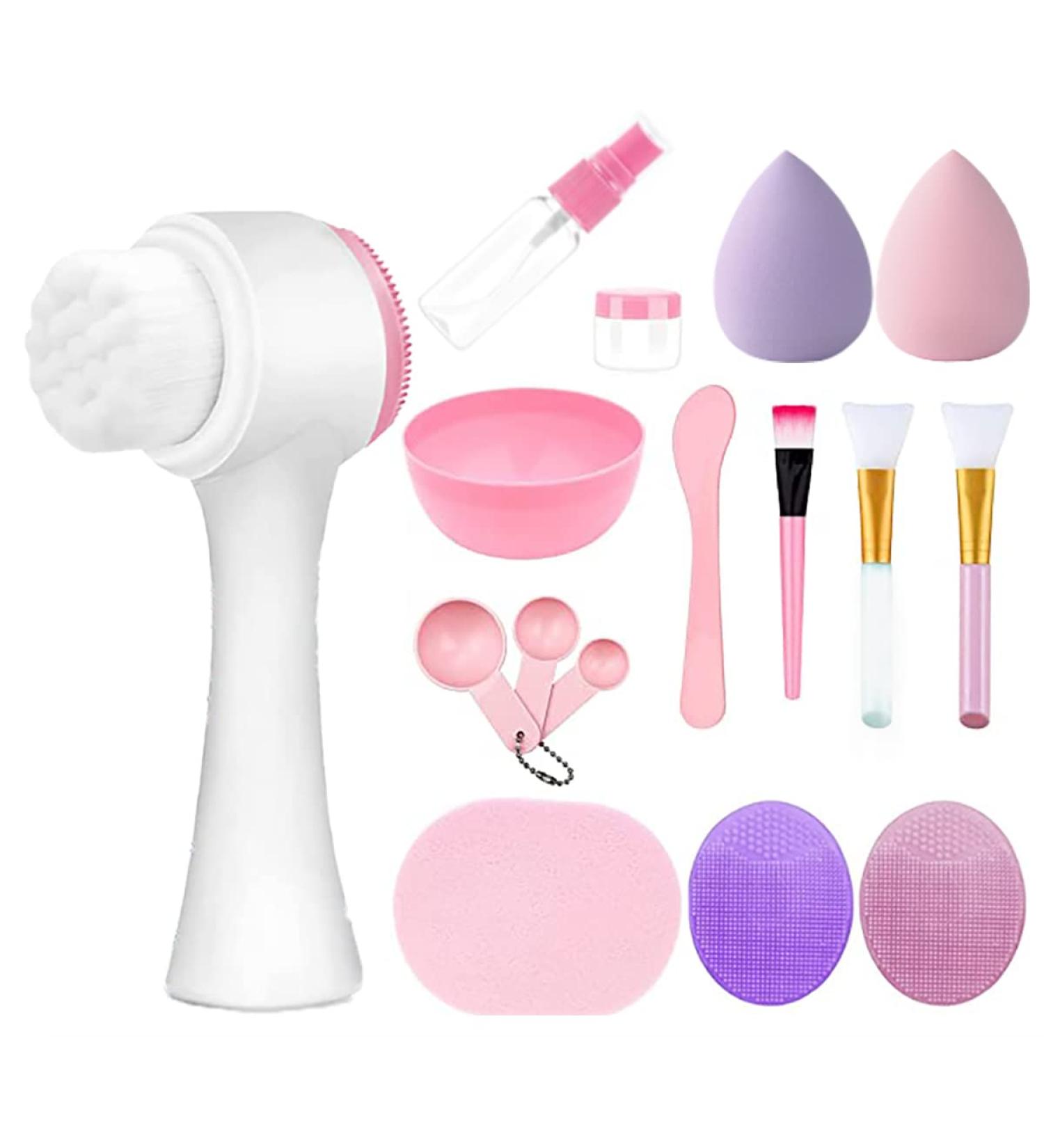 16pcs Double-Sided Silicone Facial Cleansing Brush & Mask Mixing Bowl Set with Makeup Sponge - Multicolor - Buy Online on GoSupps.com