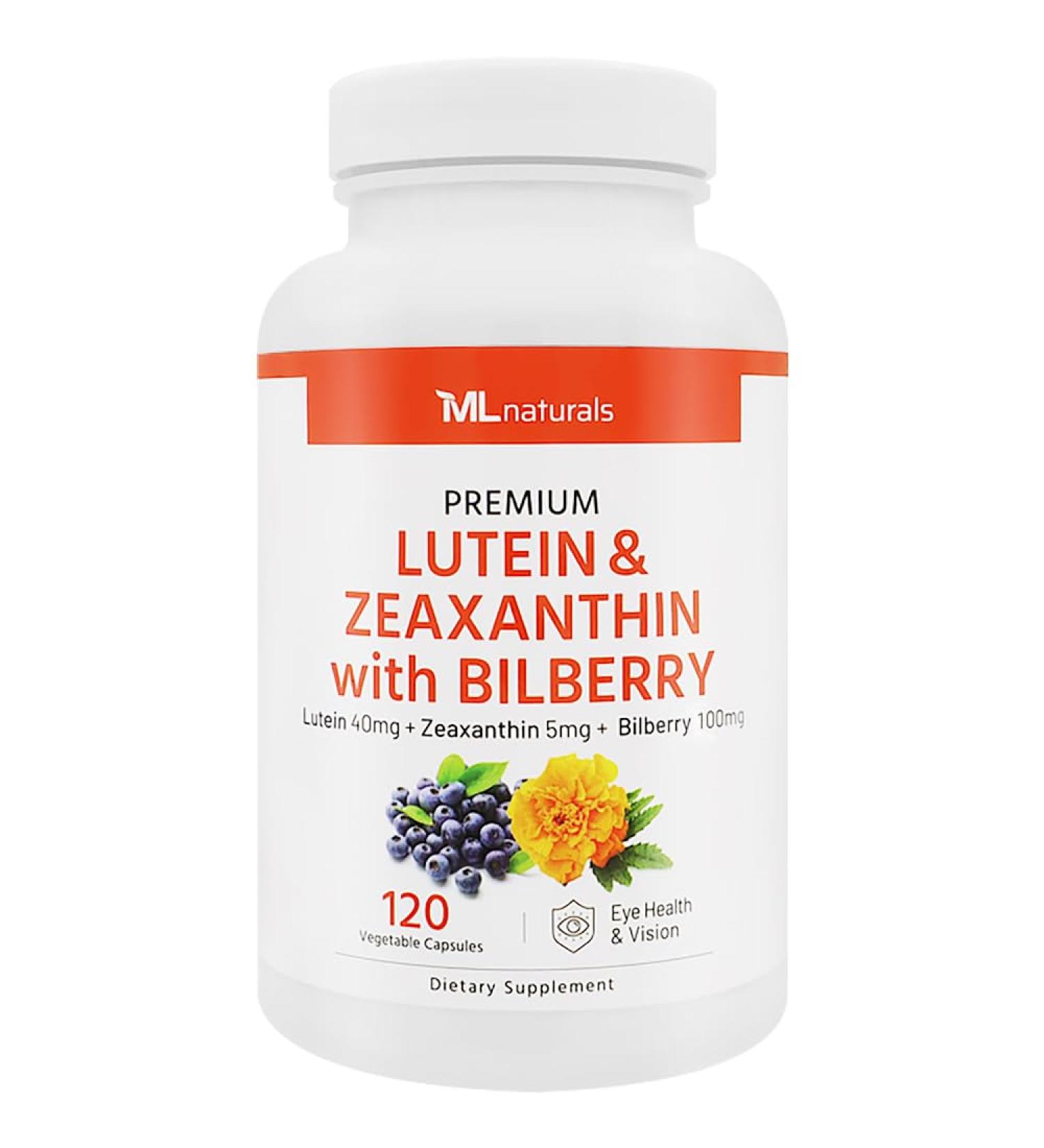 ML Naturals Premium Lutein & Zeaxanthin with Bilberry 120 Vegetable Capsules. Lutein 40 mg Zeaxanthin 5 mg and Bilberry 100 mg. Premium Quality. Healthy Eyes & Vision Third-Party Lab Tested 120 Count (Pack of 1) - Buy Online on GoSupps.com
