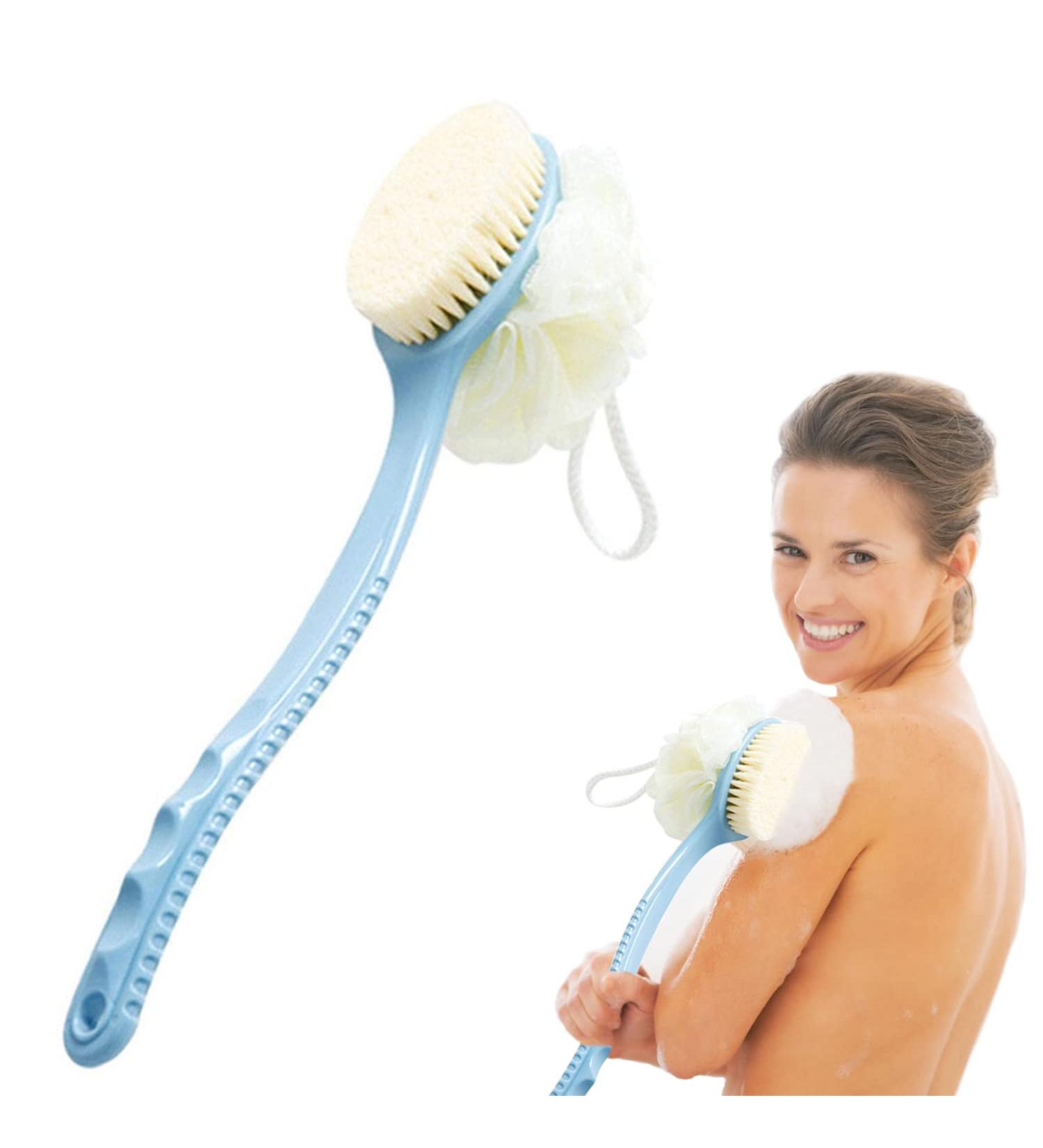 Bath Brush with Curved Long Handle Shower body brush with bristles and Sponge Loofahs Back Scrubber Bath Mesh Sponge for Skin Exfoliating Bath massage bristles (blue) - Buy Online on GoSupps.com