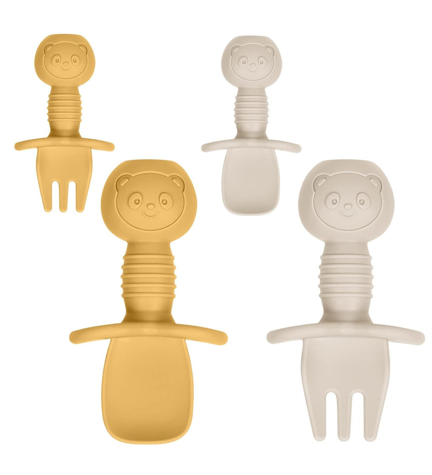 Vicloon Baby Fork and Spoon Set - 4Pcs Silicone Self Feeding Utensil for Easy Grip | Toddler Cutlery Kit for Infant & Children | First Led Training & Weaning Spoons - Apricot Yellow - Buy Online on GoSupps.com