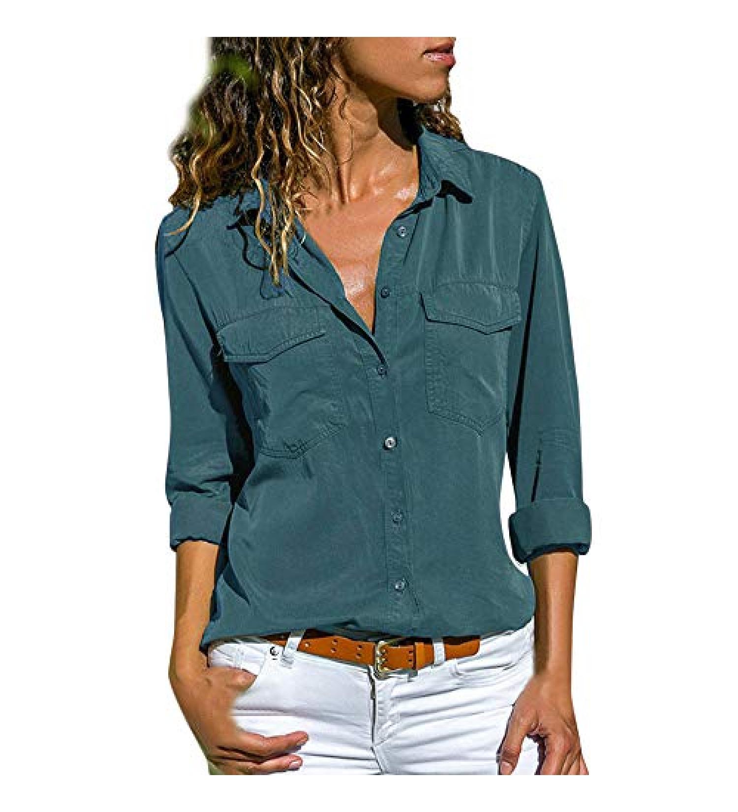 MALAIDOG Womens Fashion Boyfriend Shirt - Blue Large | V Neck Collared Blouse for Office Work | Button Down Long Sleeve Top with Pocket - Buy Online on GoSupps.com