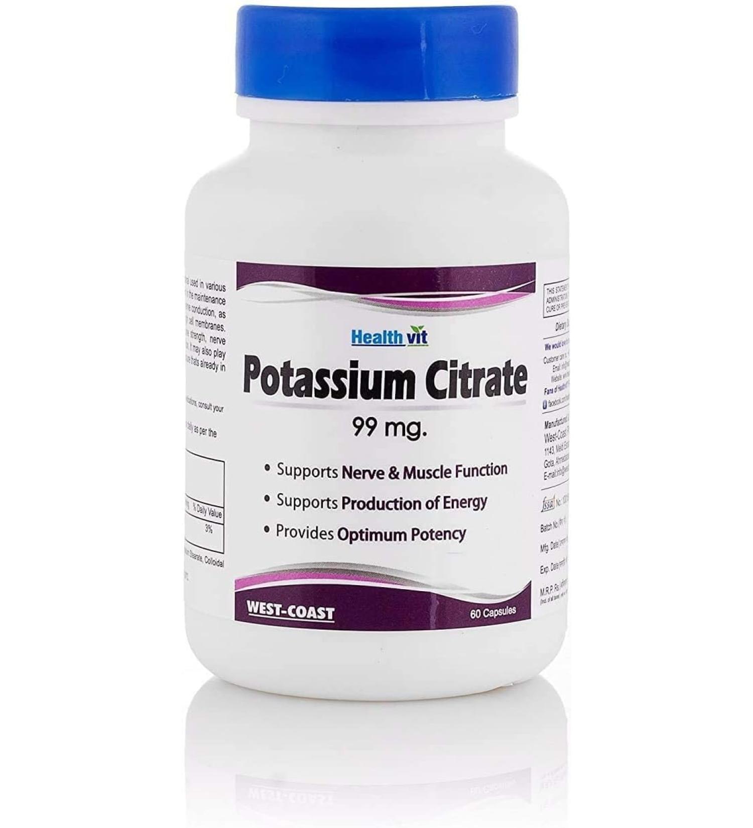 Potassium Citrate 99mg (60 Veg Capsules) 100% Herbal with NO Known Side Effects - by pharmacylife