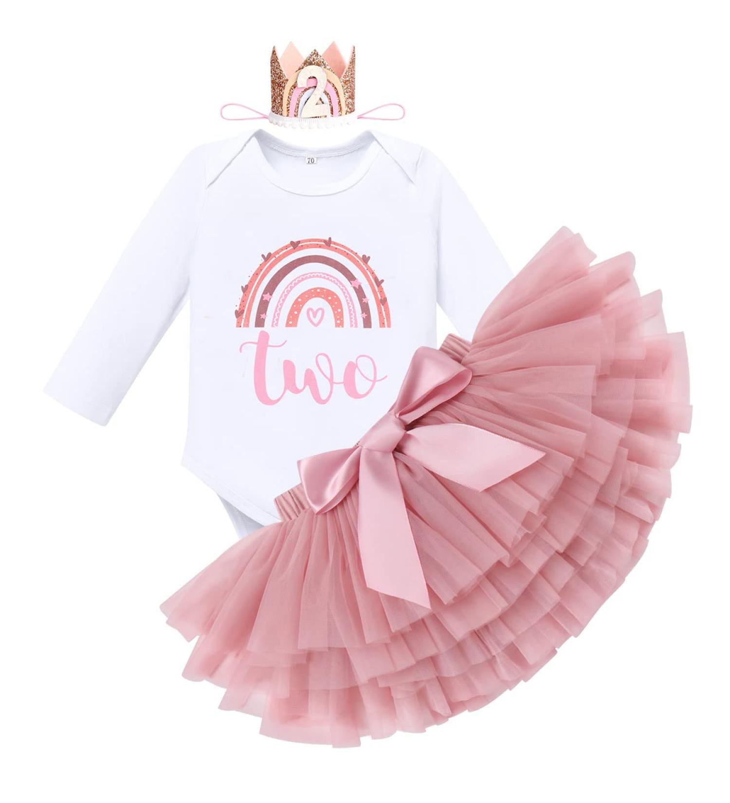 FYMNSI Boho Rainbow 1st Birthday Outfit Baby Girl Cake Smash Photo Romper Tutu 3pcs Set 2 Years Dusty Pink Crown - Buy Online on GoSupps.com