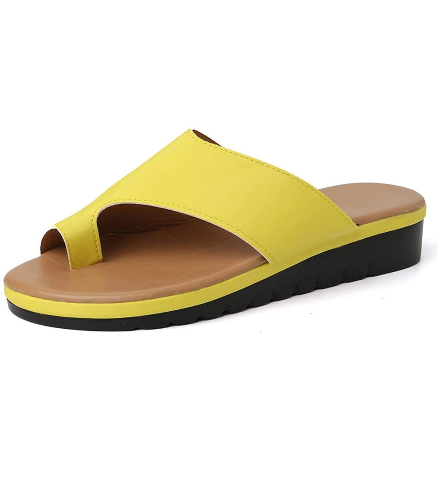 Buy Women s PU Leather Retro Slippers - Summer Comfy Flat Sandals for Bunion Correction - Orthopedic Women s Footwear Size 8 Yellow - Buy Online on GoSupps.com