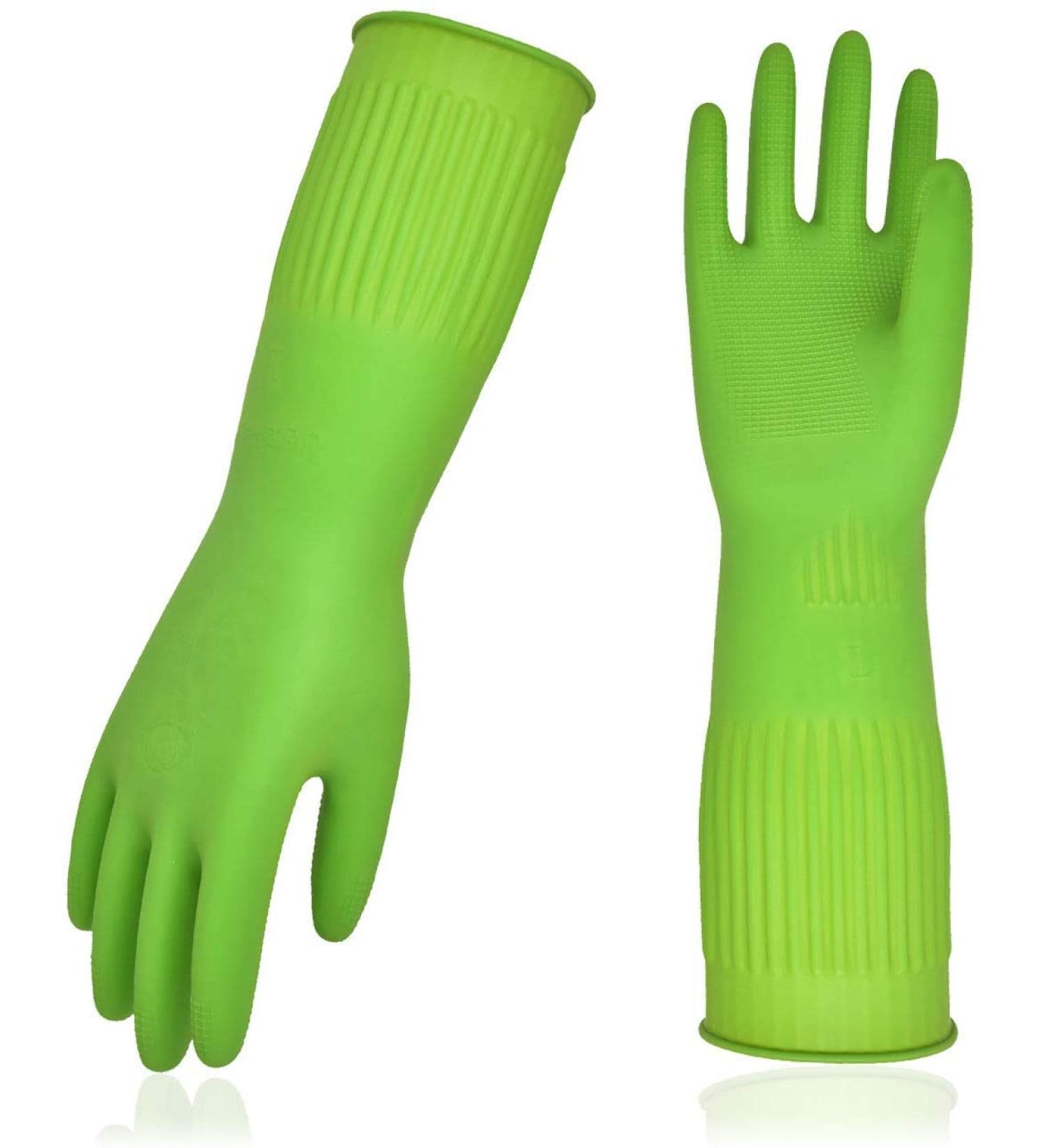 Vgo 3 Pairs Household Cleaning Gloves - Extra Thick Rubber Dishwashing Gloves with Long Sleeves (RB2143) - M Size Green - Durable & Comfortable for All Cleaning Tasks - Buy Online on GoSupps.com