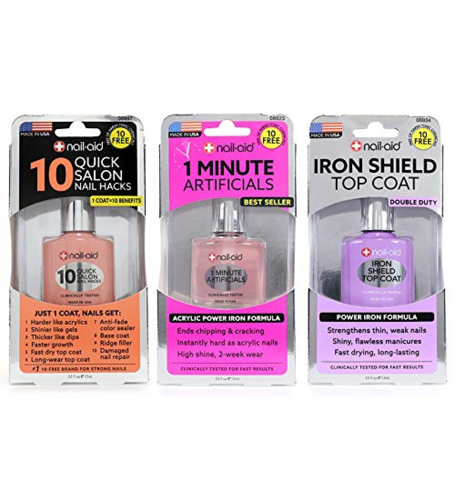 Nail-Aid 3pk Of 10 Quick Hacks + 1 Minute Artificials + Iron Shield Top Coat, Clear, N/A, 1.65 Fl Ounce
