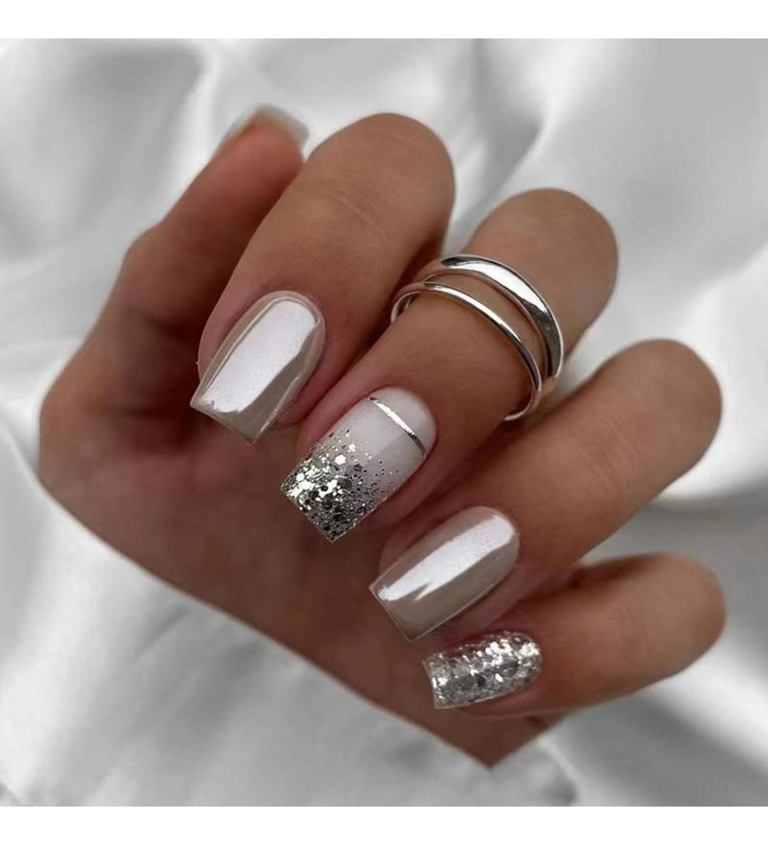 Shop Mouyouglow Press On Nails - Short Square White Silver Glitter Chrome Artificial Nails with Glue | Angular Bling Fingernails F53 - International Shipping Available! - Buy Online on GoSupps.com