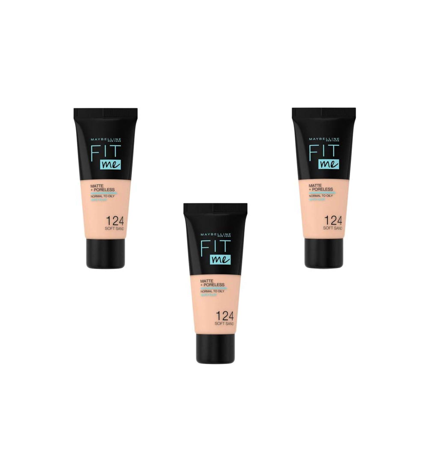 Maybelline New York Fit Me Matte & Poreless Fluid Foundation - 124 Sand Pack of 3 (3 x 30 ml) - Buy Online on GoSupps.com