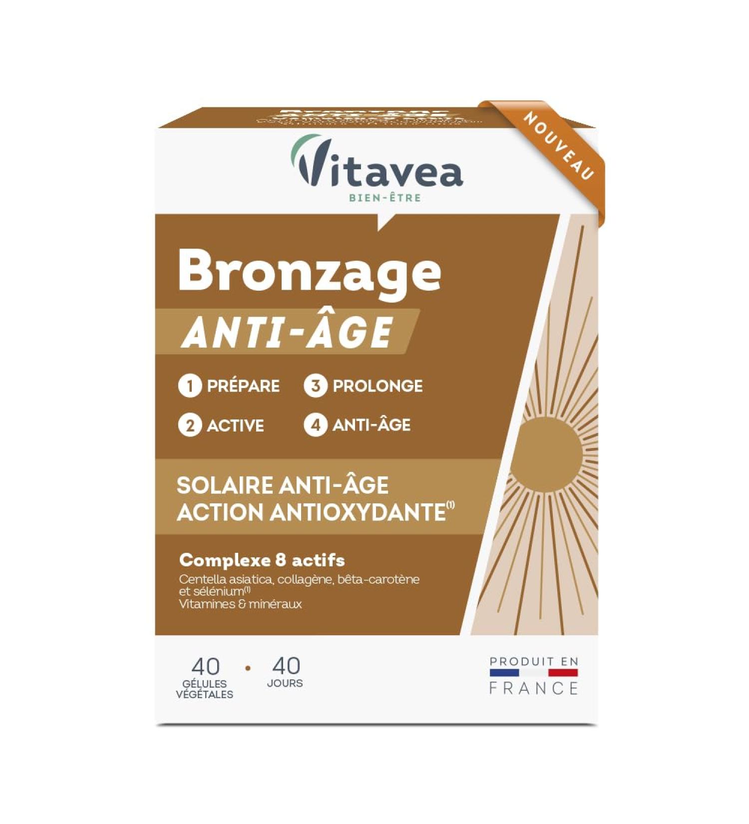 Vitavea - Bronzage Anti- ge - Pr pare Active et Prolonge les effets du soleil - Peau Sublim e - Compl ment Alimentaire avec Centella Asiatica Zinc Vitamine B5 B ta-Carot ne - 40 G lules - 40 Jours Bronzage Anti- ge 40 jours - Buy Online on GoSupps.com