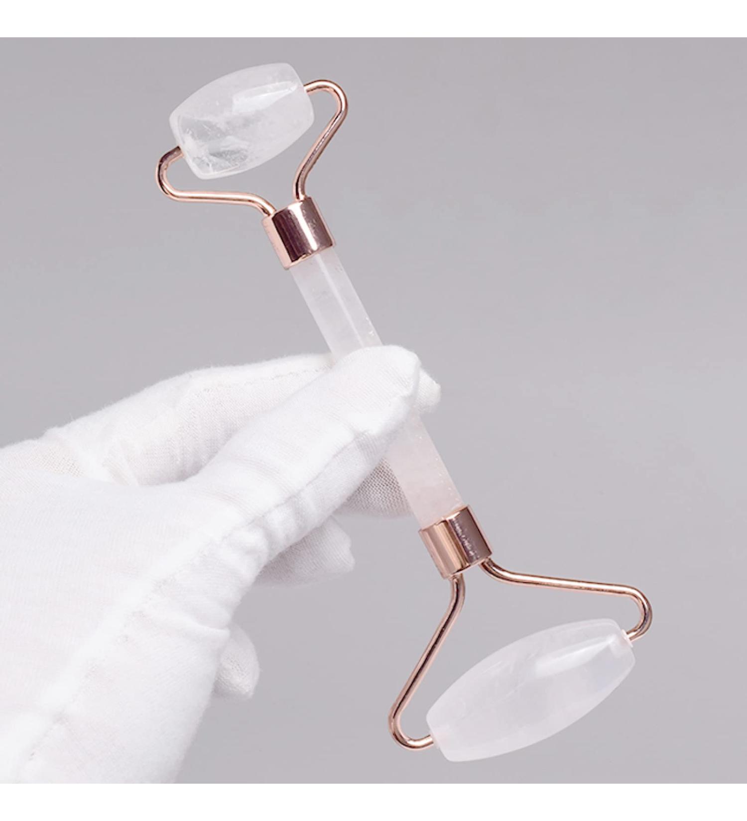 ESBANT Rose Gold Metal Jade Roller Double Head Natural Quartz Stone Crystal Massager Opalite ningxiao (Color : Rock Quartz)