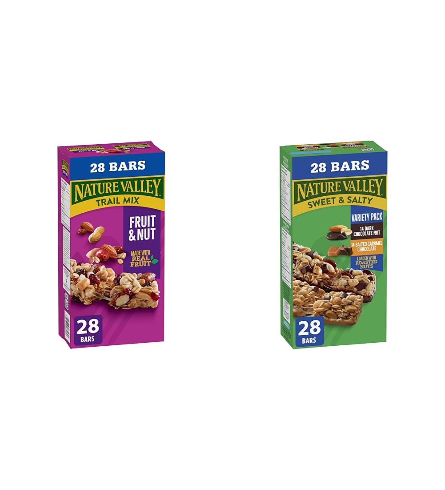 NATURE VALLEY - VALUE PACK SIZE - Fruit and Nut Almonds Raisins Peanuts Cranberries Granola Bars & VALUE PACK - Dark Chocolate Nut and Salted Caramel Chocolate Chewy Nut Sweet Pack of 28 Bars - Buy Online on GoSupps.com