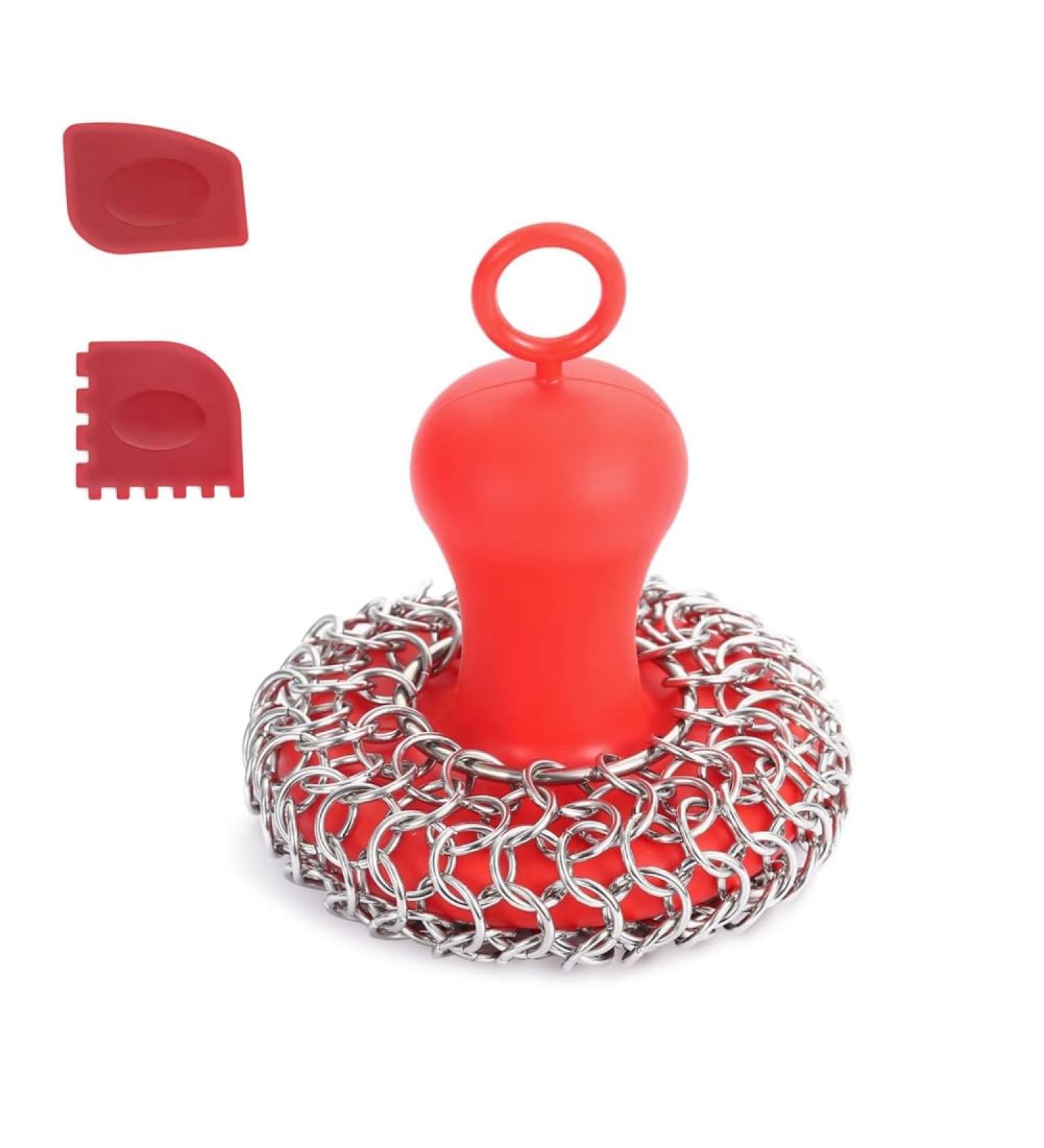 tesrgre Cast Iron Chainmail Scrubber + Pan Stainless Steel Skillet Cleaner Scraper Tool for Cast Iron Pans Easy to Use Washable Red - Buy Online on GoSupps.com