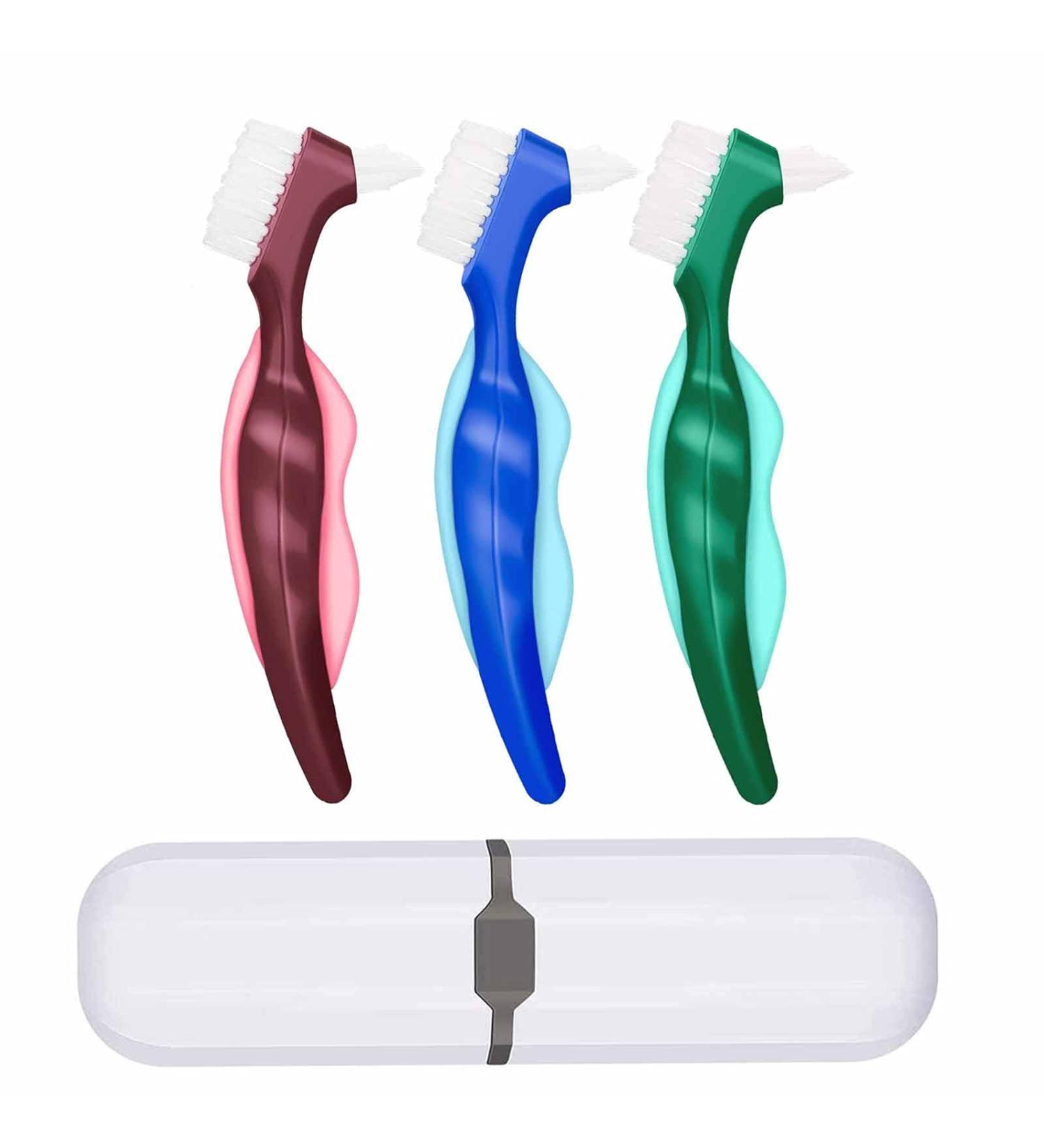 3-Piece Prosthesis Brush Set | Double-Sided Toothbrush for Oral Care & Plaque Removal | Ideal for Dentures - 3 Colors - Buy Online on GoSupps.com