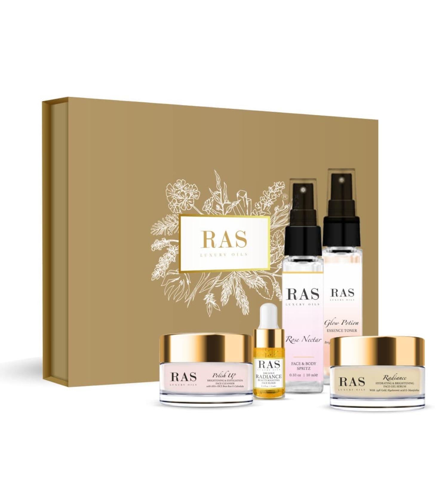 Quick Glow Kit - Hydrating Essence Toner & 24K Gold Elixir | Exfoliating Face Cleanser & Gel Serum | Smoothens Skin - RAS LUXURY OILS - Buy Online on GoSupps.com