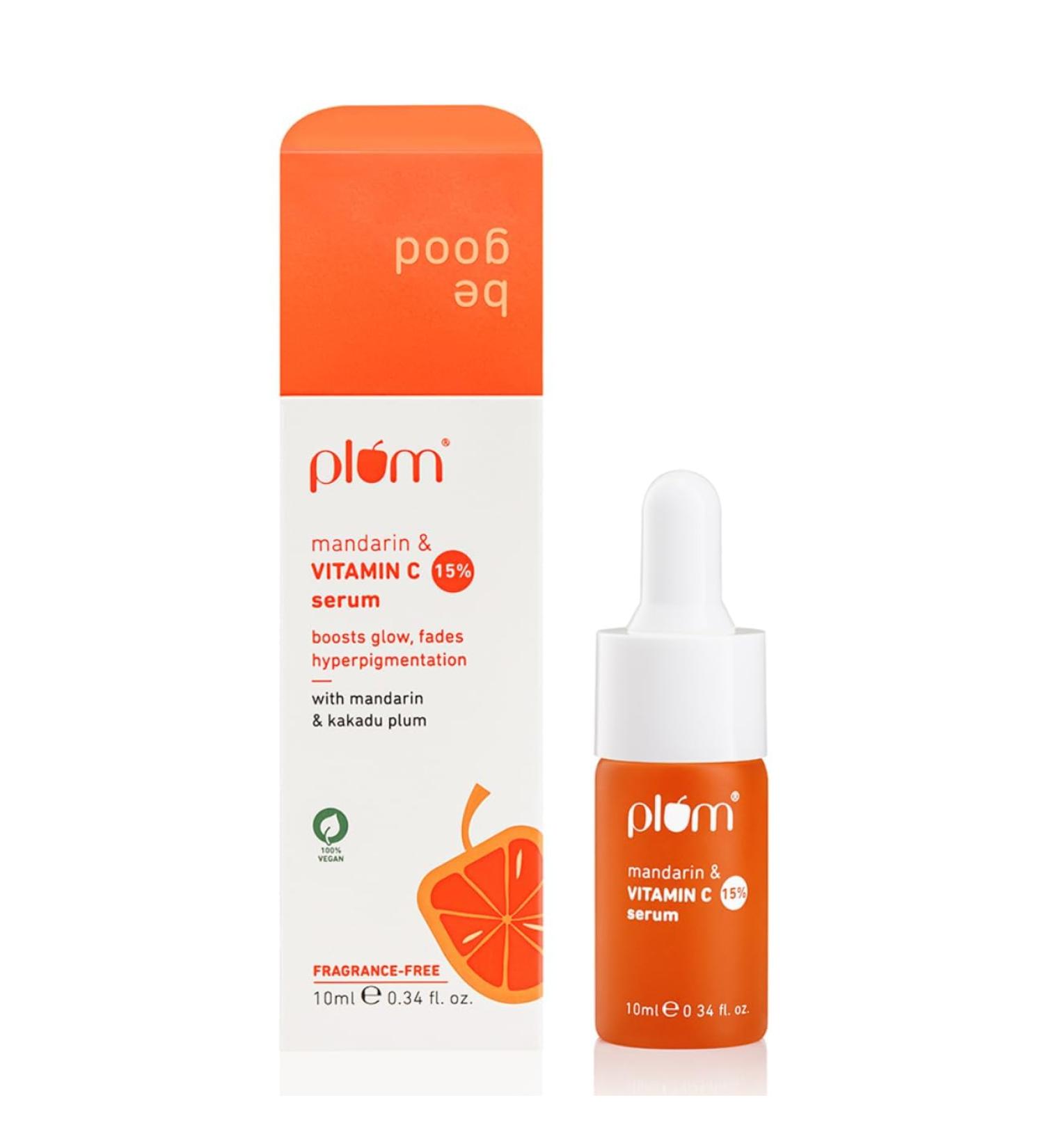 Plum-15% Vitamin C Face Serum with Mandarin - Reduces Dark Spots Brightens Dull Skin Beginner-Friendly 100% Vegan 10 ml - Buy Online on GoSupps.com