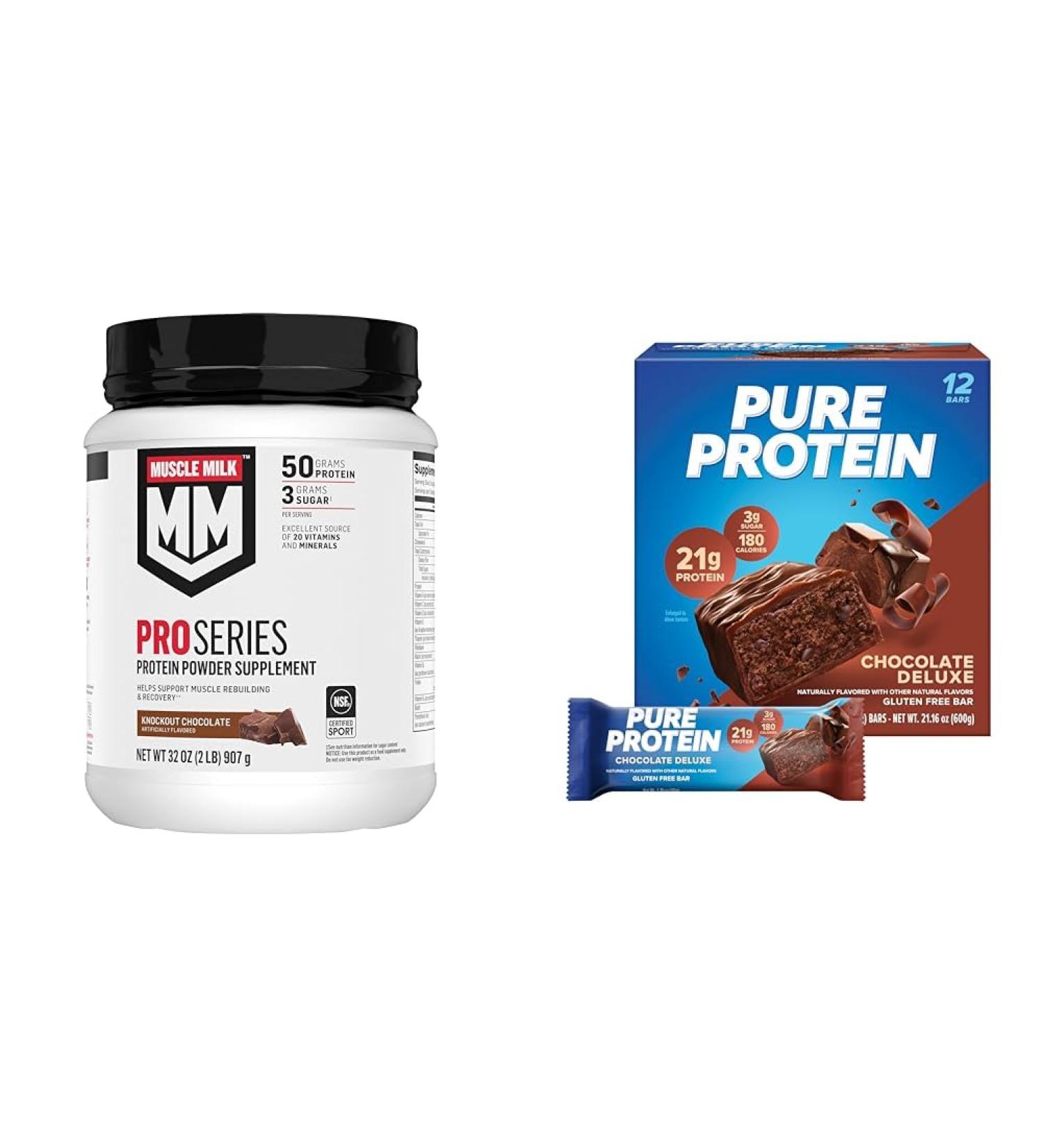 Muscle Milk Pro Series Protein Powder Knockout Chocolate 2lb 11 Servings 50g Protein & Pure Protein Bars Chocolate Deluxe 12 Count 1.76oz 21g Protein - Buy Online on GoSupps.com