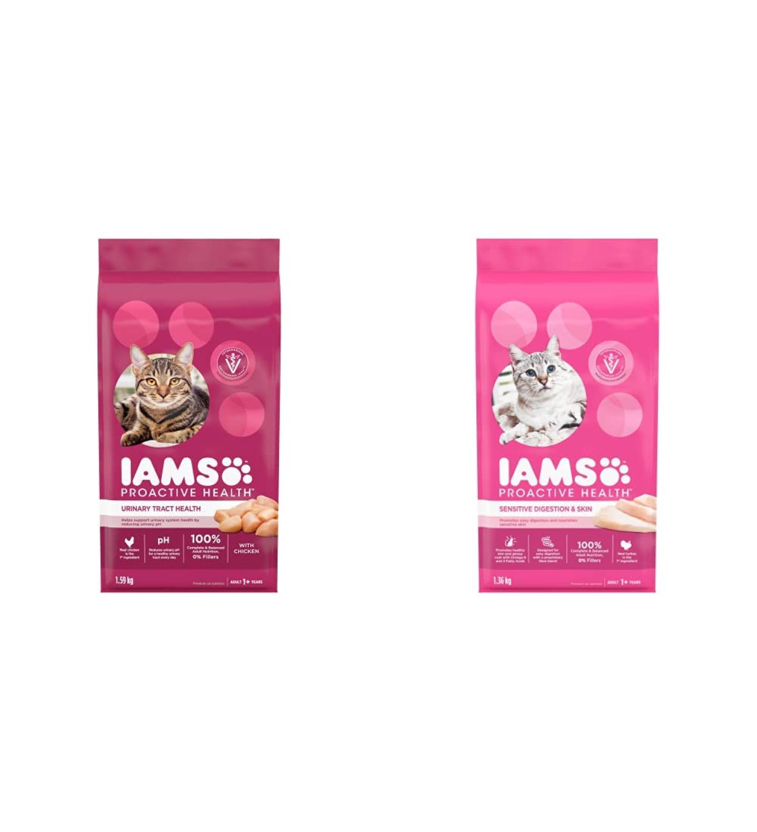 IAMS Proactive Health Dry Cat Food Adult - Urinary Tract Health with Chicken (1.59kg) + Sensitive Digestion & Skin with Turkey (1.36kg) Chicken 1.59 kg (Pack of 1) Urinary Tract + Cat Food 1.36kg - Buy Online on GoSupps.com