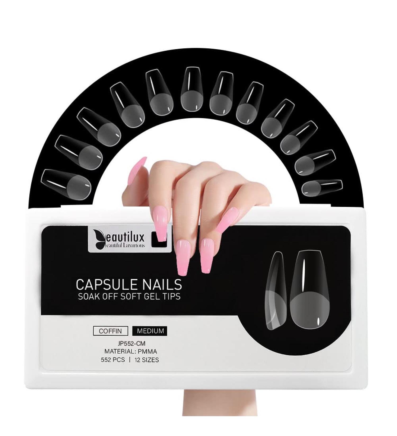 Beautilux 552 PCS Coffin Nail Tips - Medium Transparent Gel Nails Soft Full Cover for Home & Studio Manicure - Buy Online on GoSupps.com