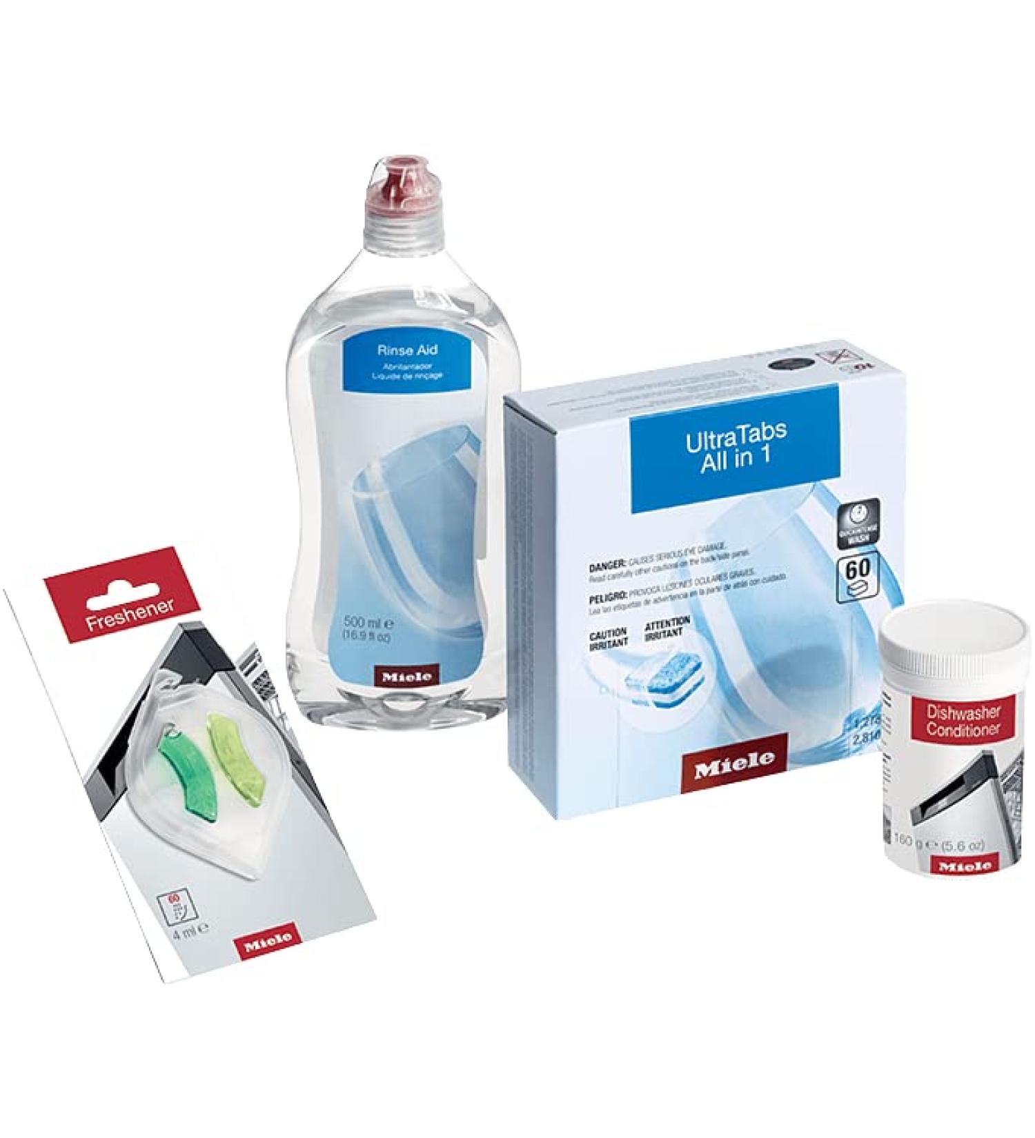 Miele Original Sparkling Results Dishwashing Bundle for Miele Dishwashers 60 Tablets UltraTabs All in 1 Detergent 500 ml RinseAid 4 ml Dishwasher Freshener 160 g DishClean Conditioner - 99997715