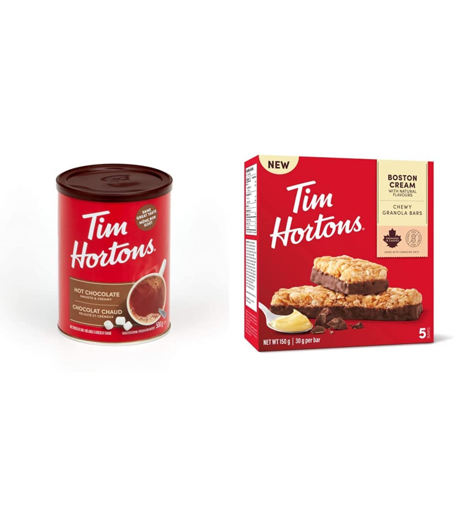 Tim Hortons Hot Chocolate Beverage Mix Original 500g Can & Boston Cream Granola Bars Peanut Free 5 Count Hot Chocolate + Granola Bars Original Hot Chocolate 500 g (Pack of 1) - Buy Online on GoSupps.com